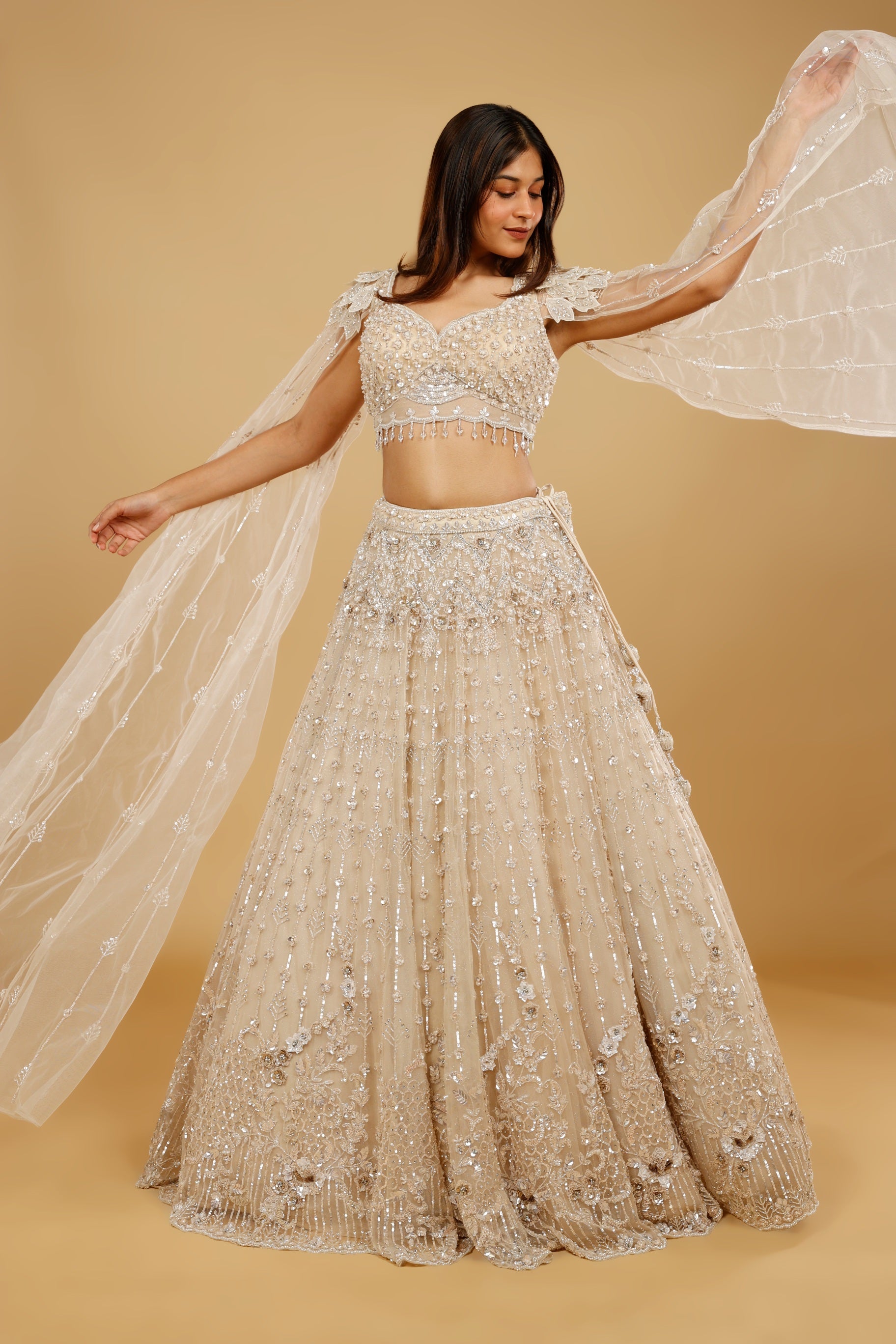 Beige Gold Net Lehenga Set with Sequin, Cutdana & Stone Embroidery