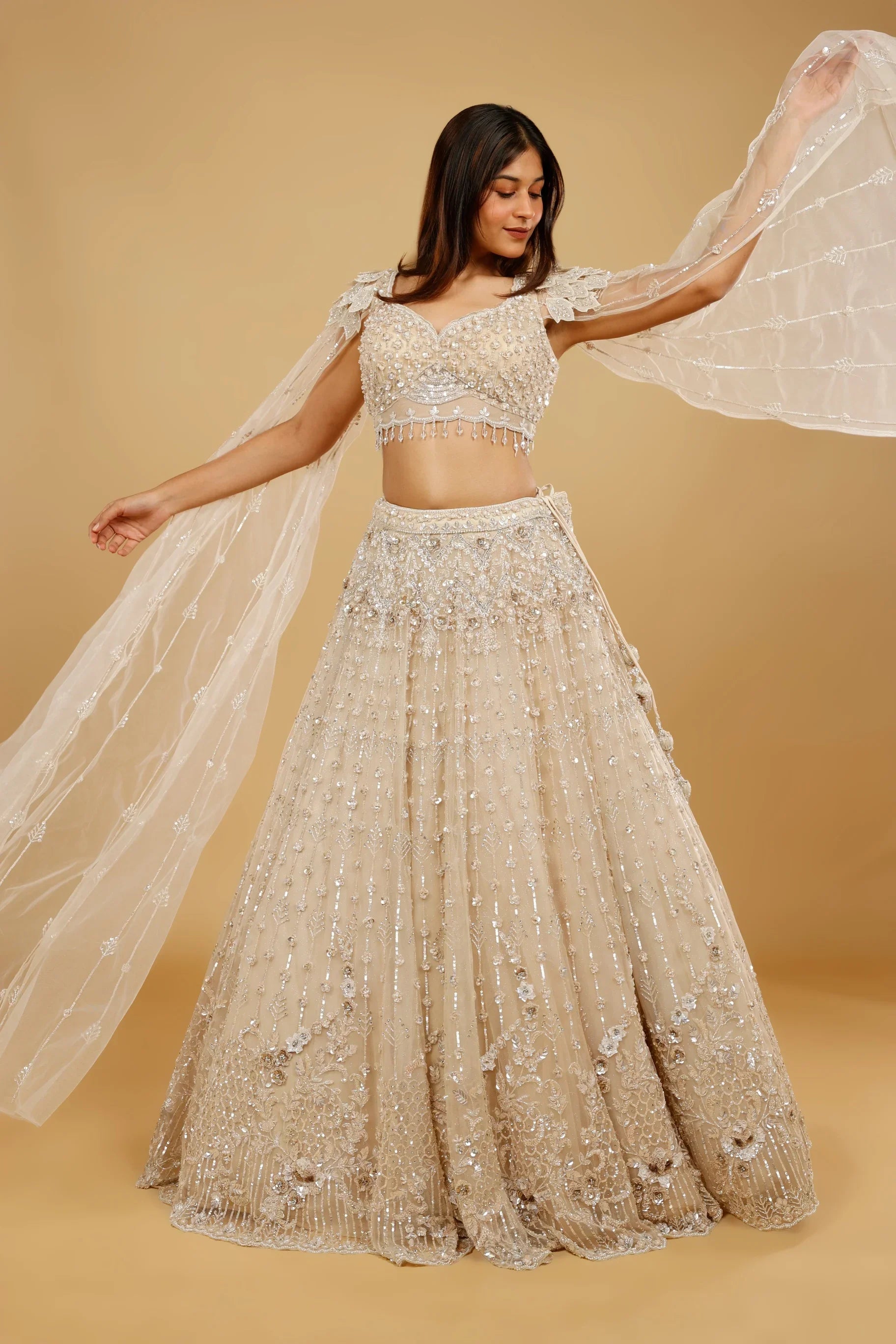Beige Gold Net Lehenga Set with Sequin, Cutdana & Stone Embroidery