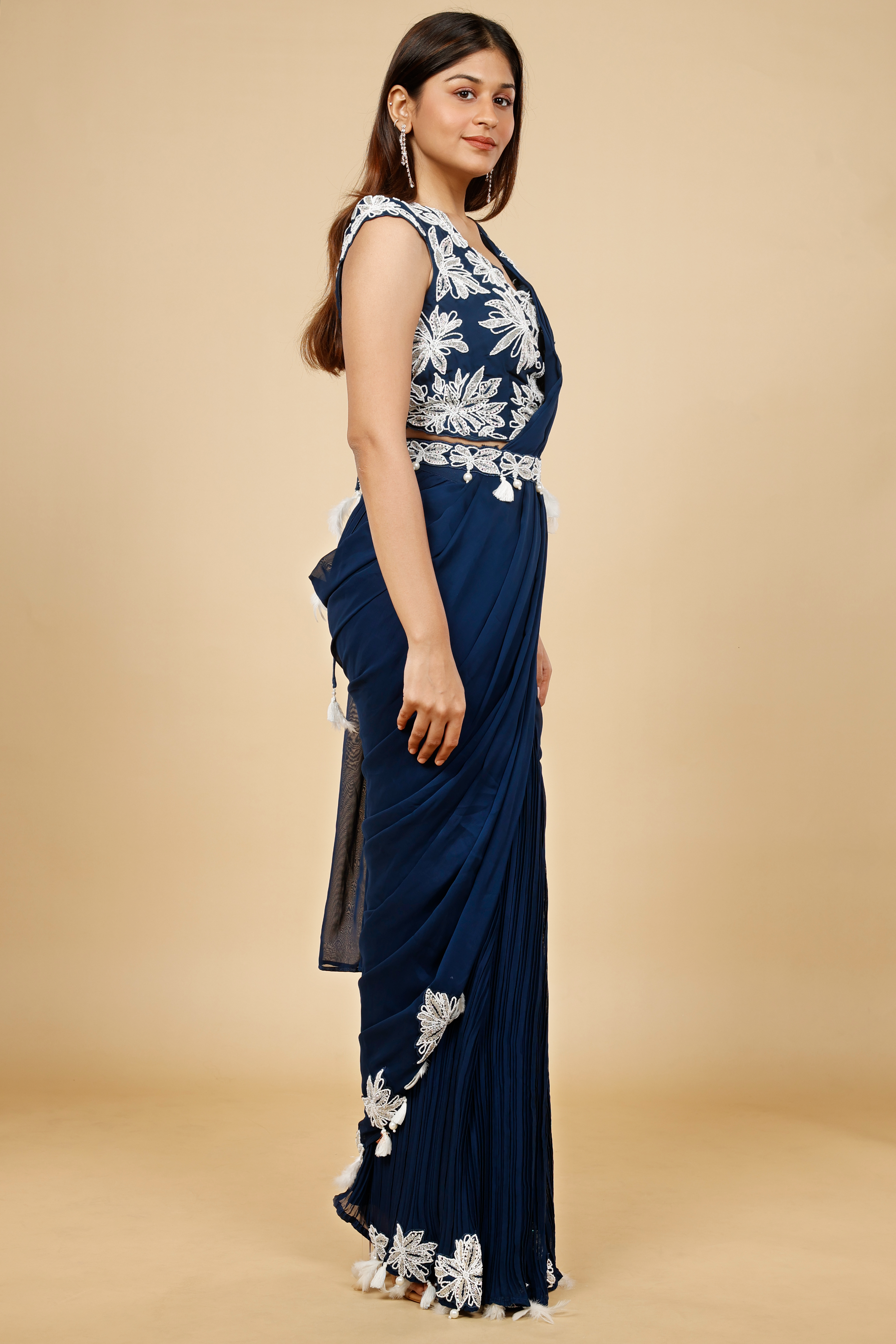 Navy Blue Organza Drape Saree with Kutdana & Pearl Embroidery