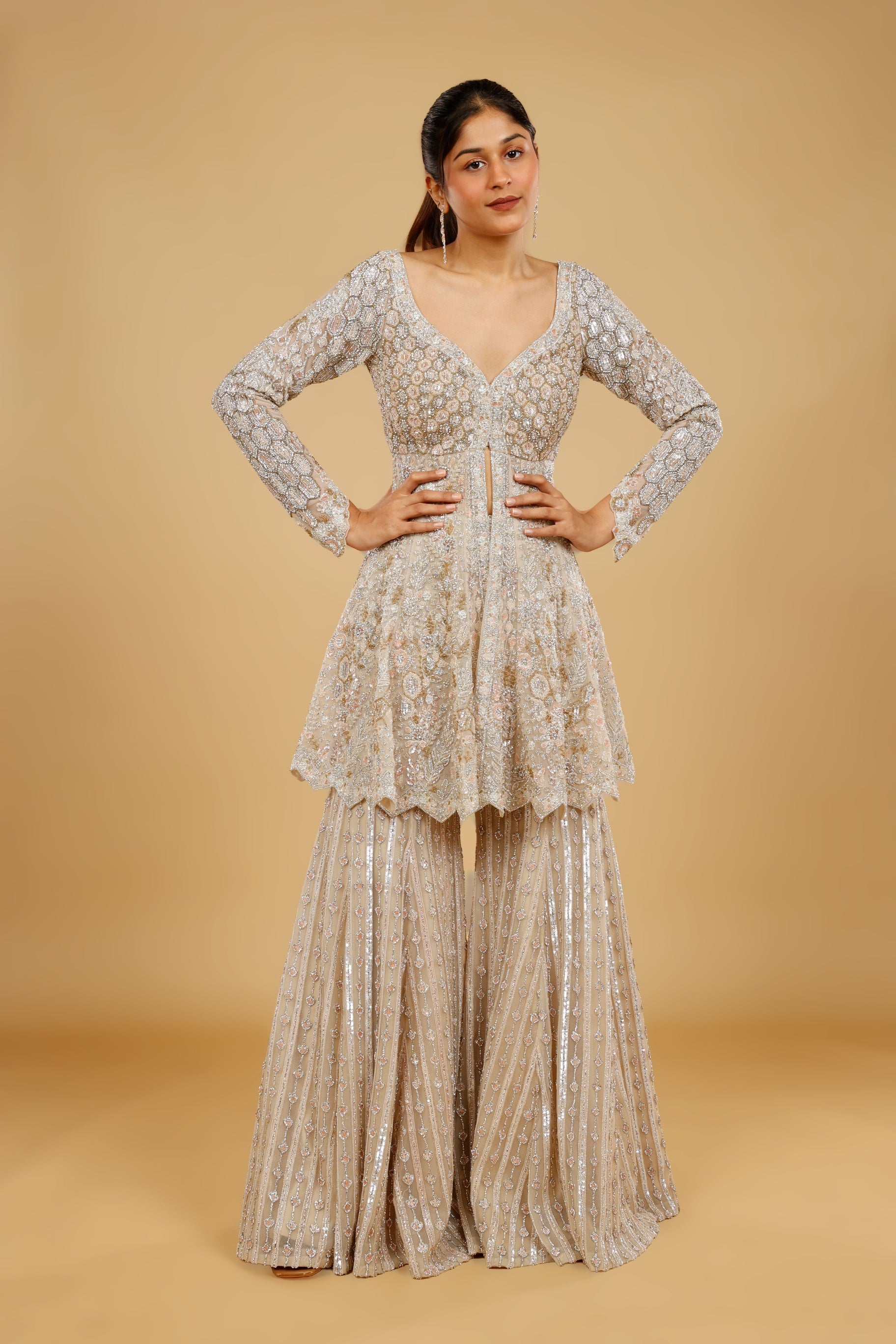 Ivory Net Sharara Set with Stone, Kundan & Sequin Embroidery