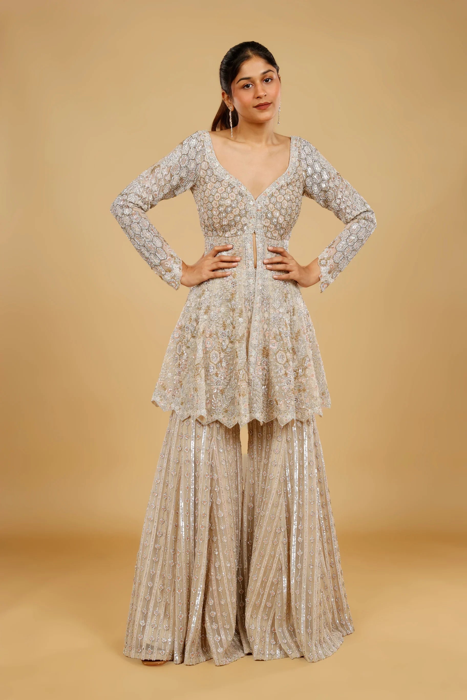 Ivory Net Sharara Set with Stone, Kundan & Sequin Embroidery