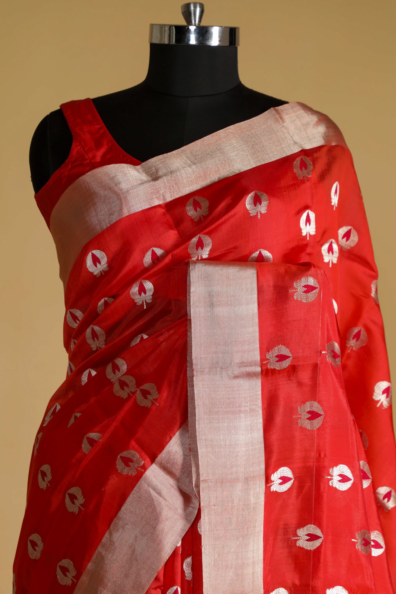 Orange Banarasi Chanderi Silk Saree with Silver & Thread Motifs