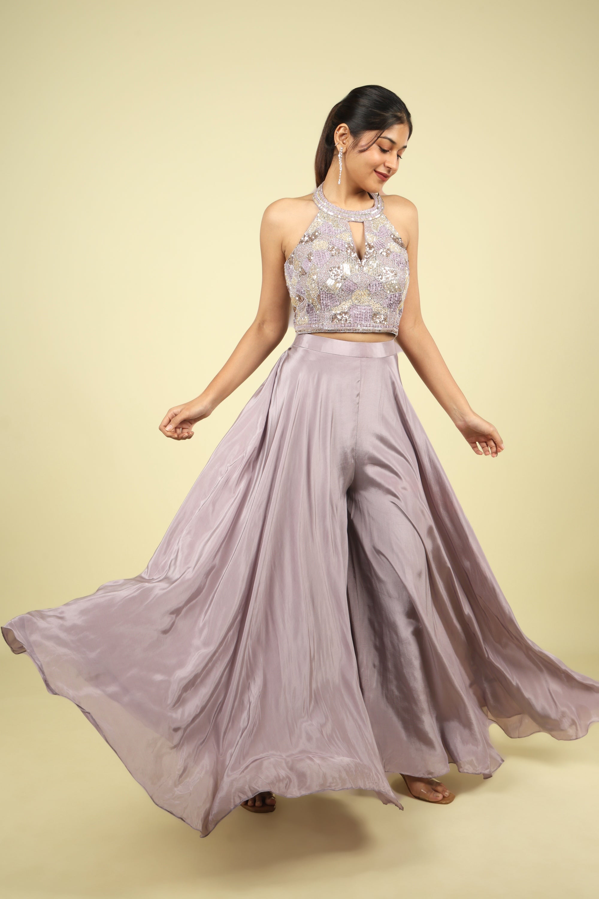 Lavender Embroidered Crepe Halter Palazzo Set