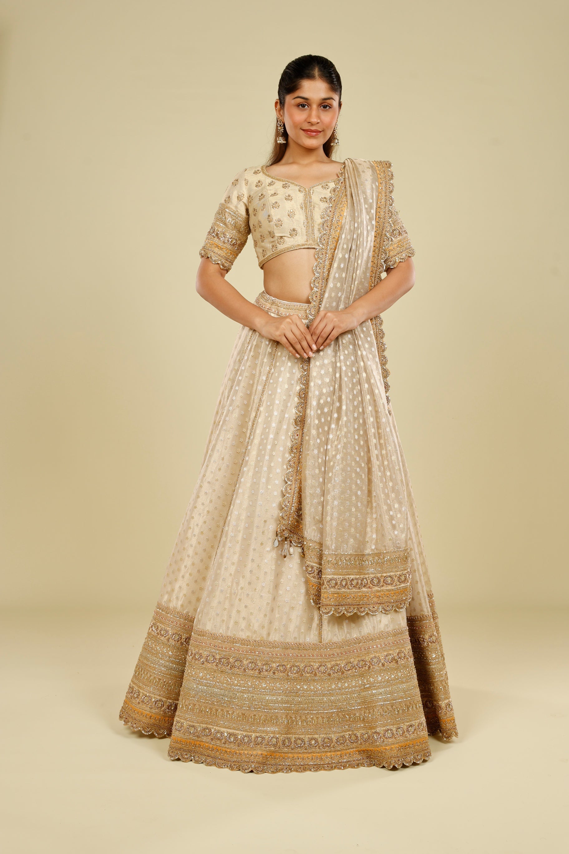 Ivory Banarasi Tissue Organza Lehenga Set with Zardozi, Zari & Sequin Embroidery