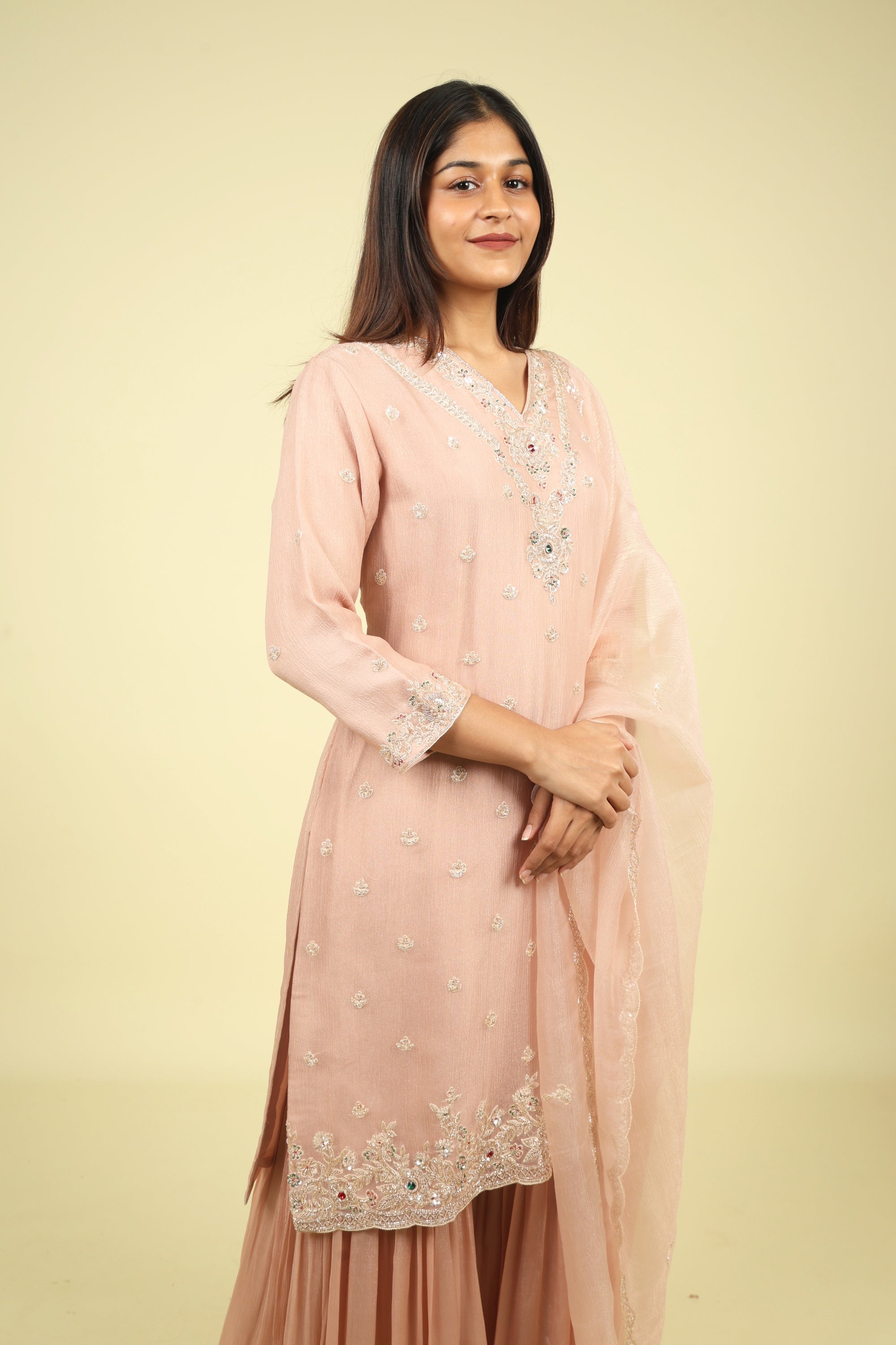 Blush Pink Crush Tissue Sharara Set with Pearl & Kutdana Embroidery