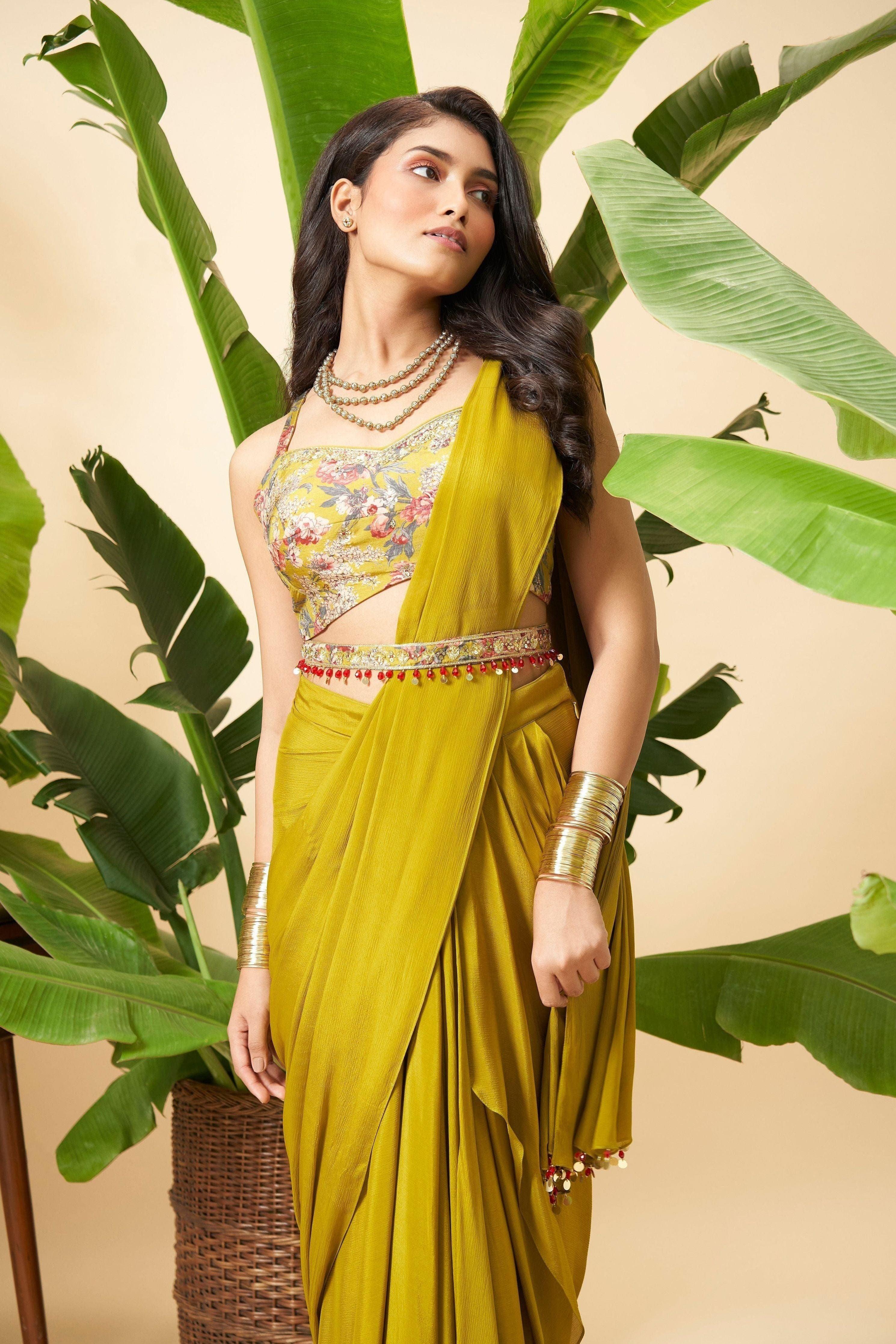 Olive Green Georgette Drape Saree with Floral printed Blouse Mokshaa