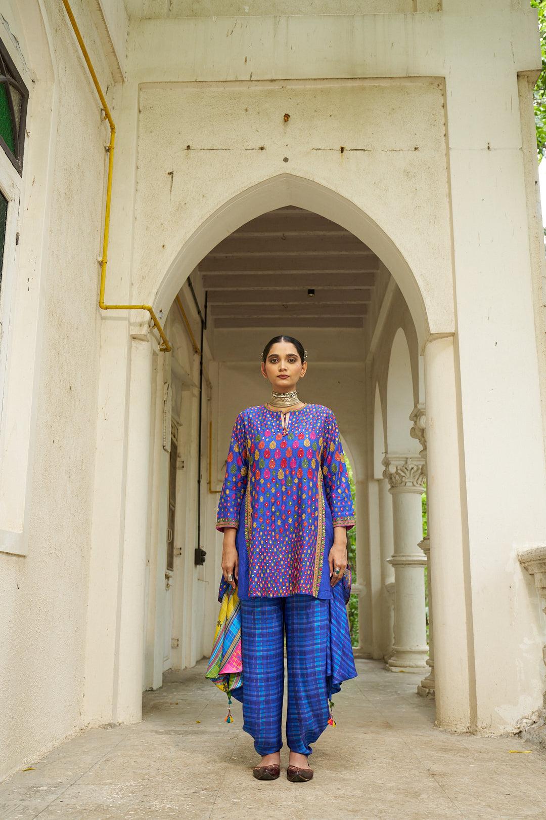 Blue Silk Top with Dhoti Pants - Mokshaa