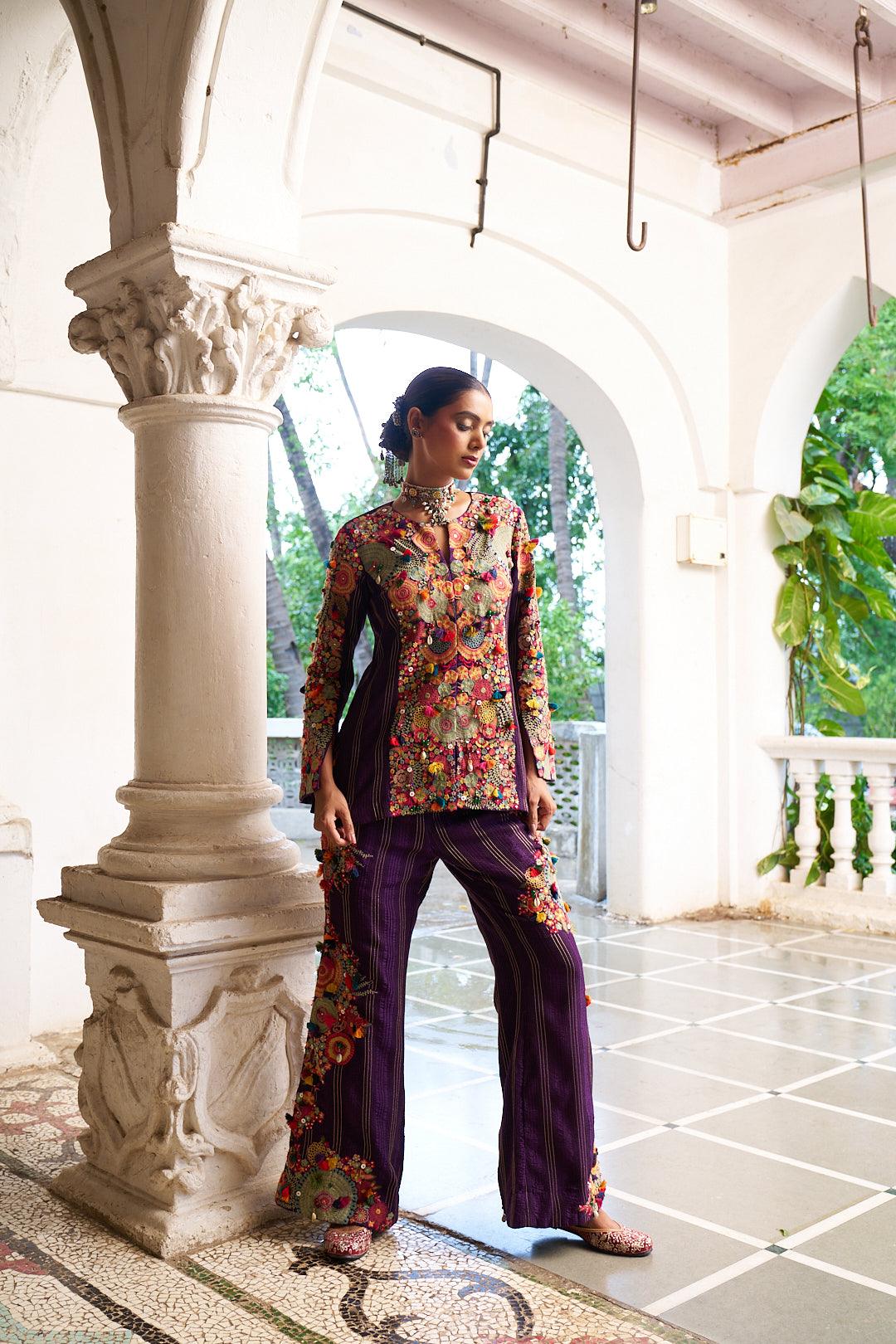 Purple Slub Silk Indo-Western Top with Palazzo Pants - Mokshaa