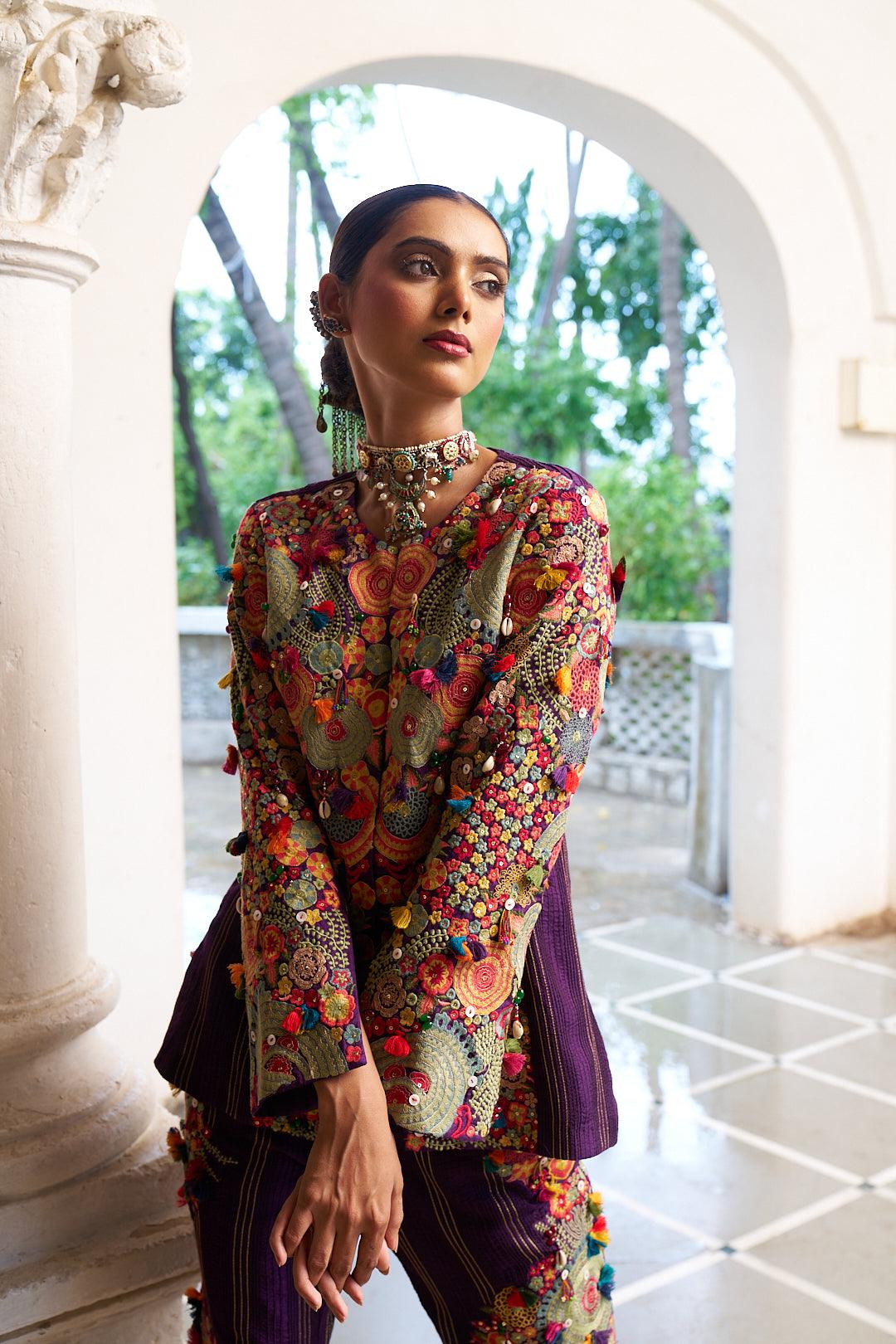 Purple Slub Silk Indo-Western Top with Palazzo Pants - Mokshaa