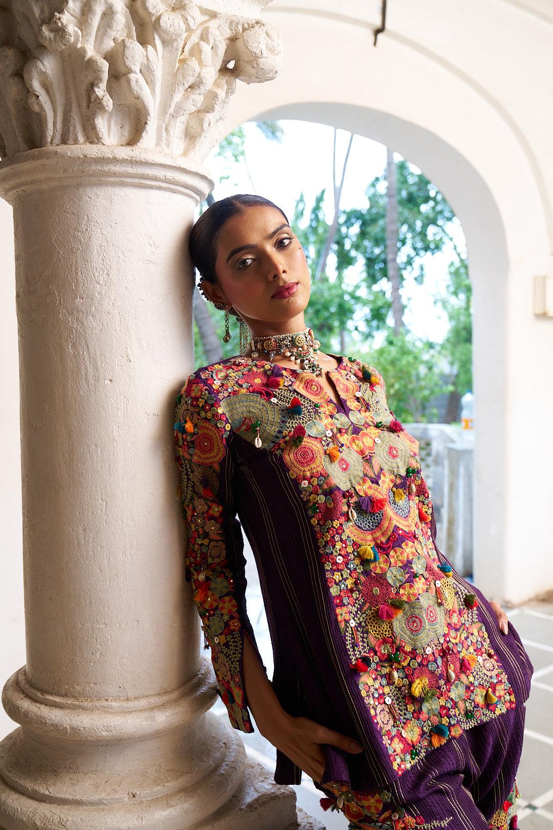 Purple Slub Silk Indo-Western Top with Palazzo Pants - Mokshaa