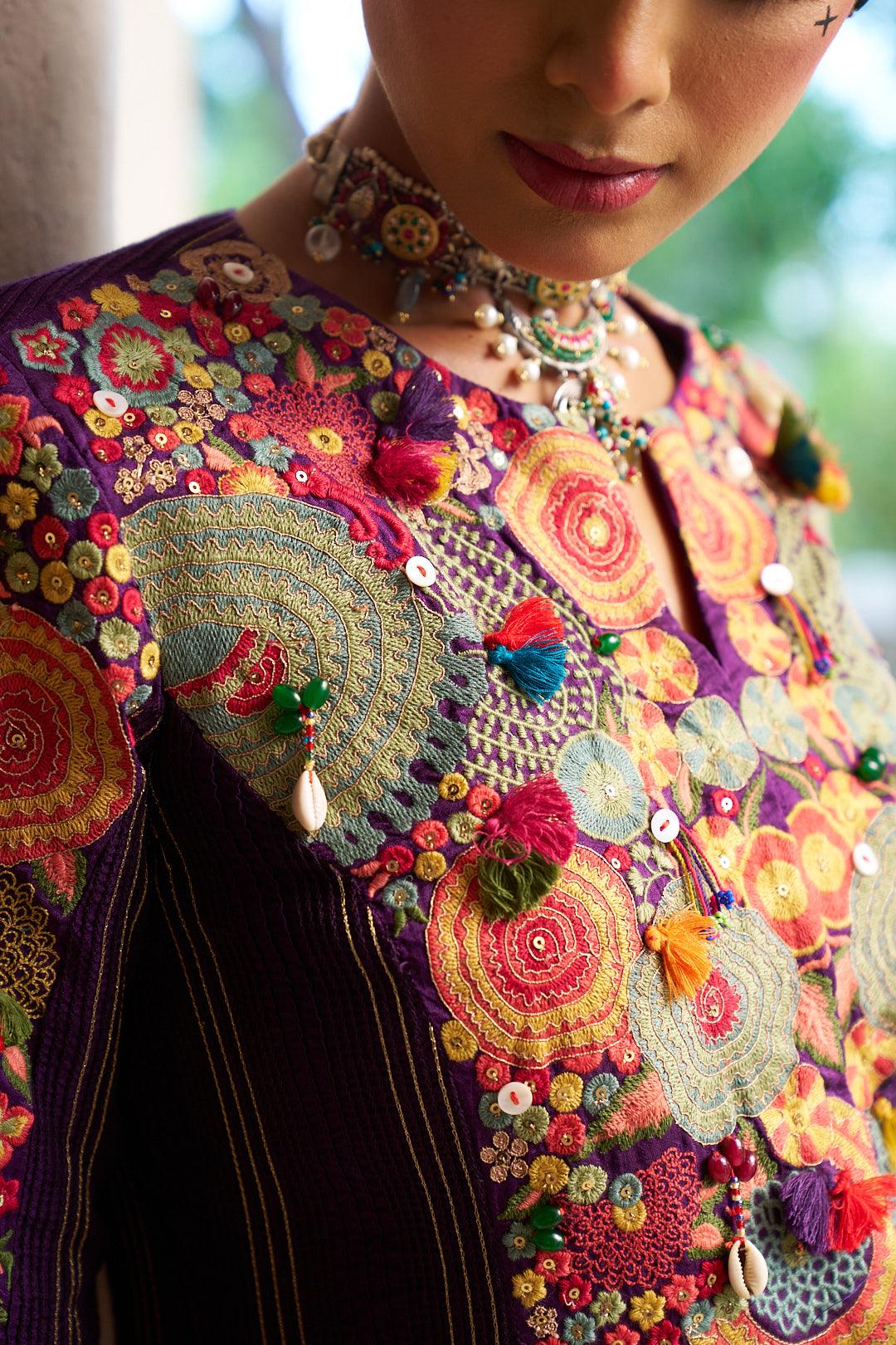 Purple Slub Silk Indo-Western Top with Palazzo Pants - Mokshaa