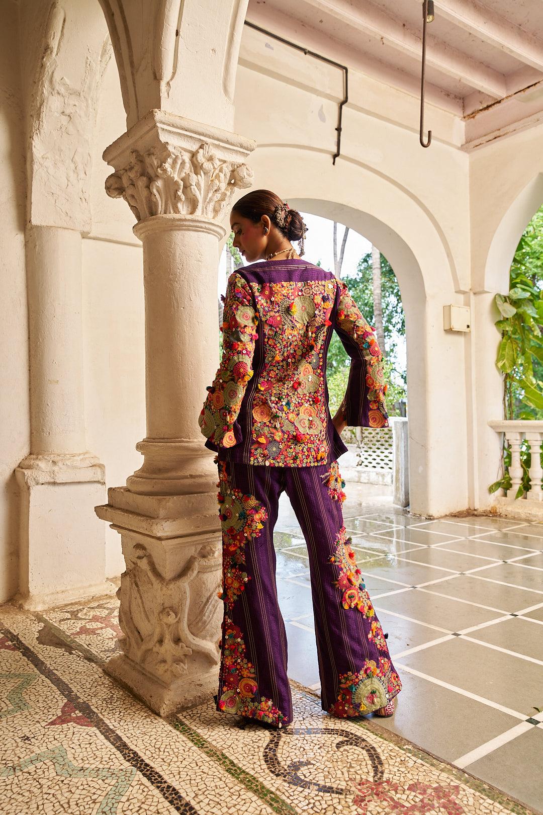 Purple Slub Silk Indo-Western Top with Palazzo Pants - Mokshaa