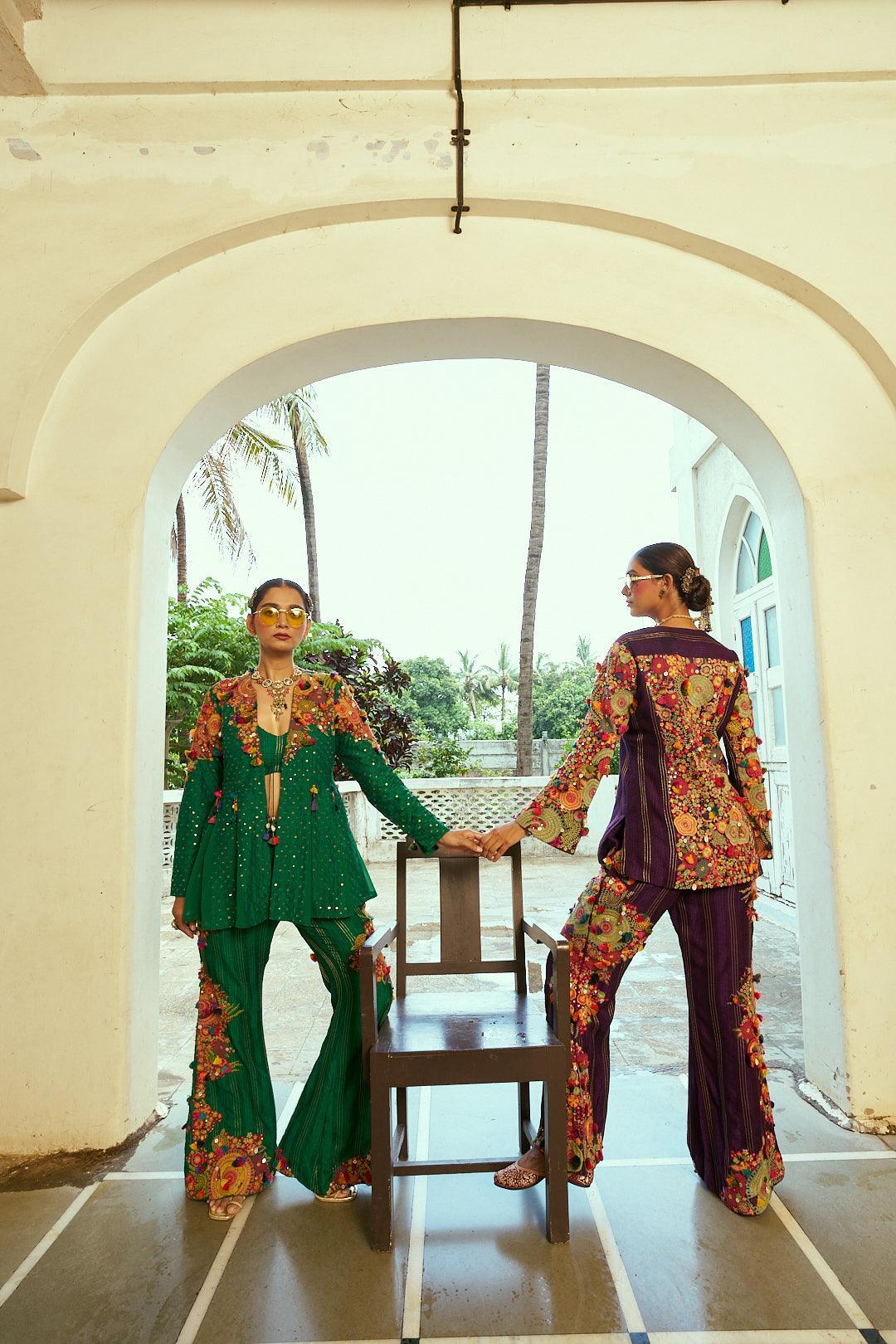Forest Green Soft Organza Jacket Set with Silk Palazzo Pants - Mokshaa