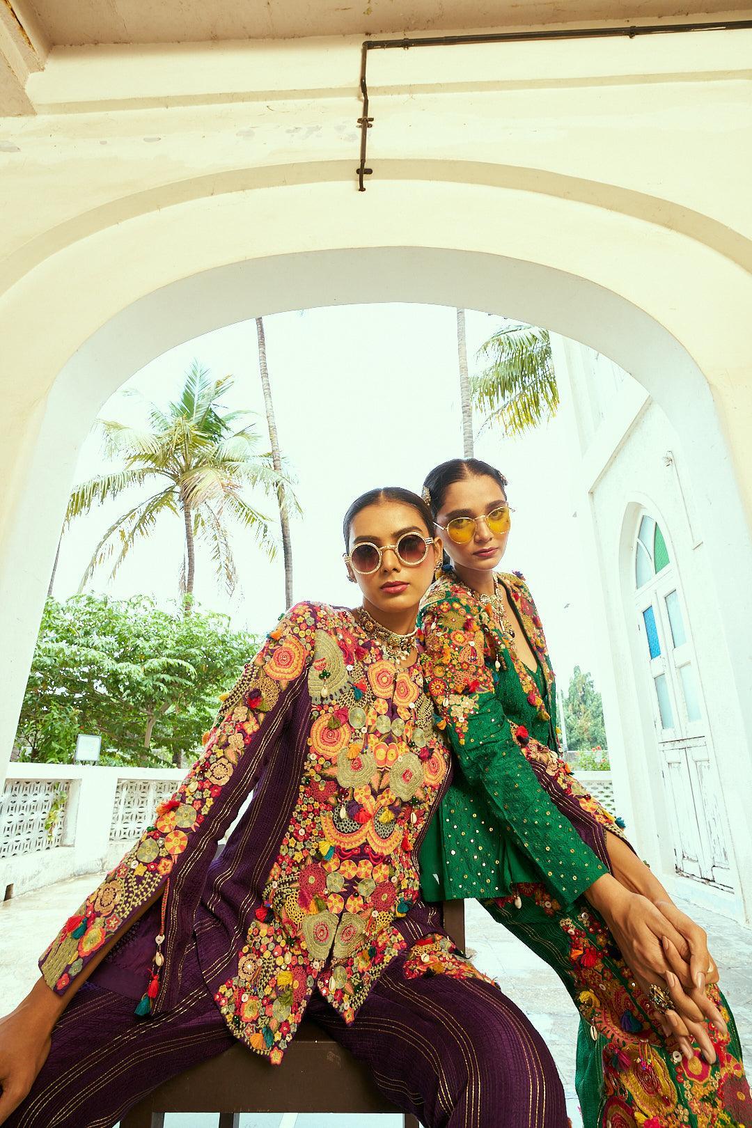 Forest Green Soft Organza Jacket Set with Silk Palazzo Pants - Mokshaa