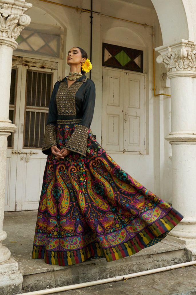 Black Satin Embroidered Shirt with a Multicolour Printed Silk Skirt Set - Mokshaa