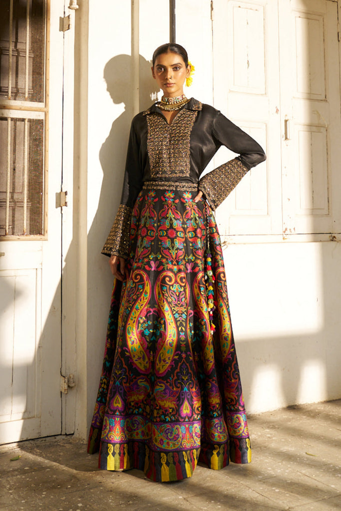 Black Satin Embroidered Shirt with a Multicolour Printed Silk Skirt Set - Mokshaa