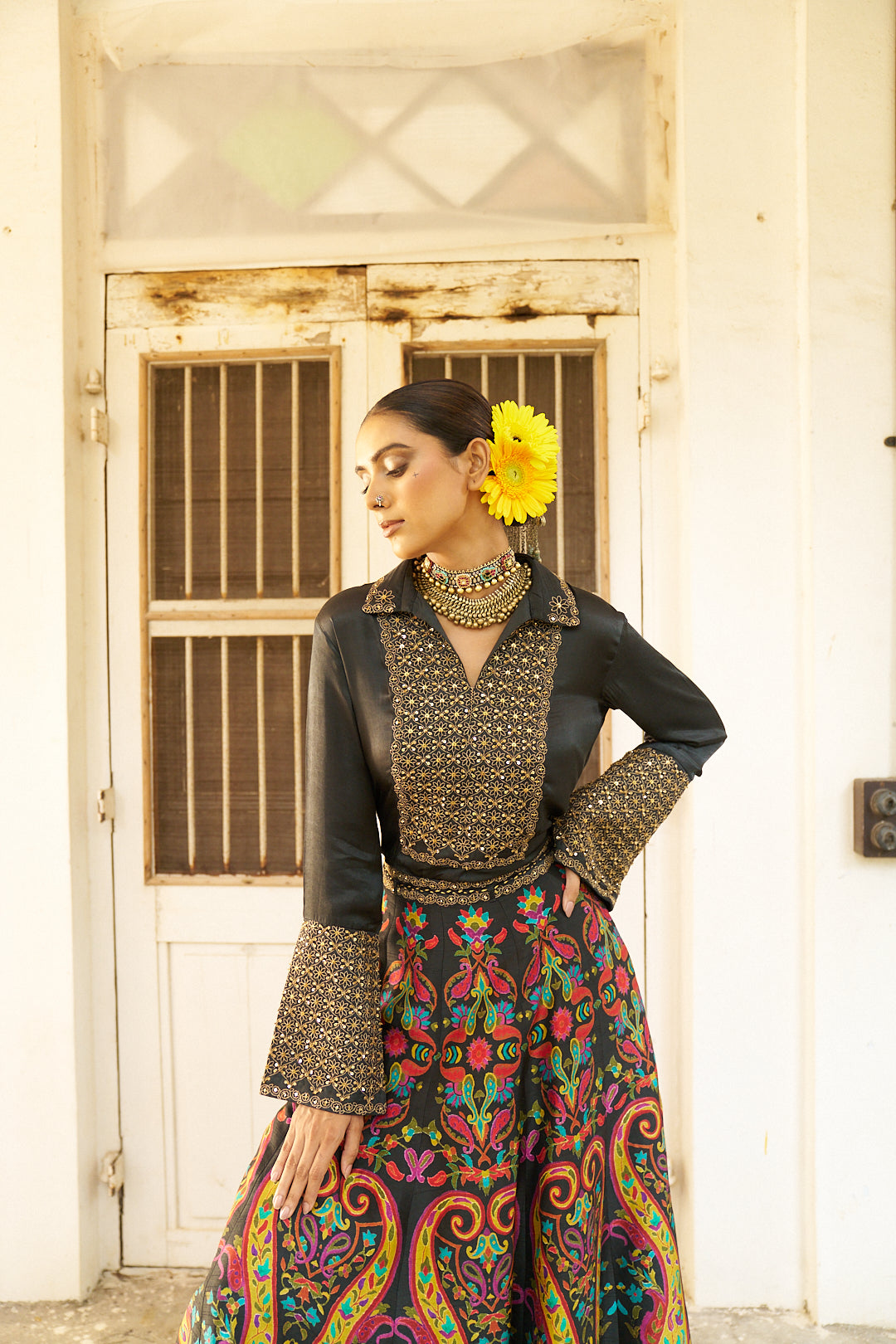 Black Satin Embroidered Shirt with a Multicolour Printed Silk Skirt Set - Mokshaa