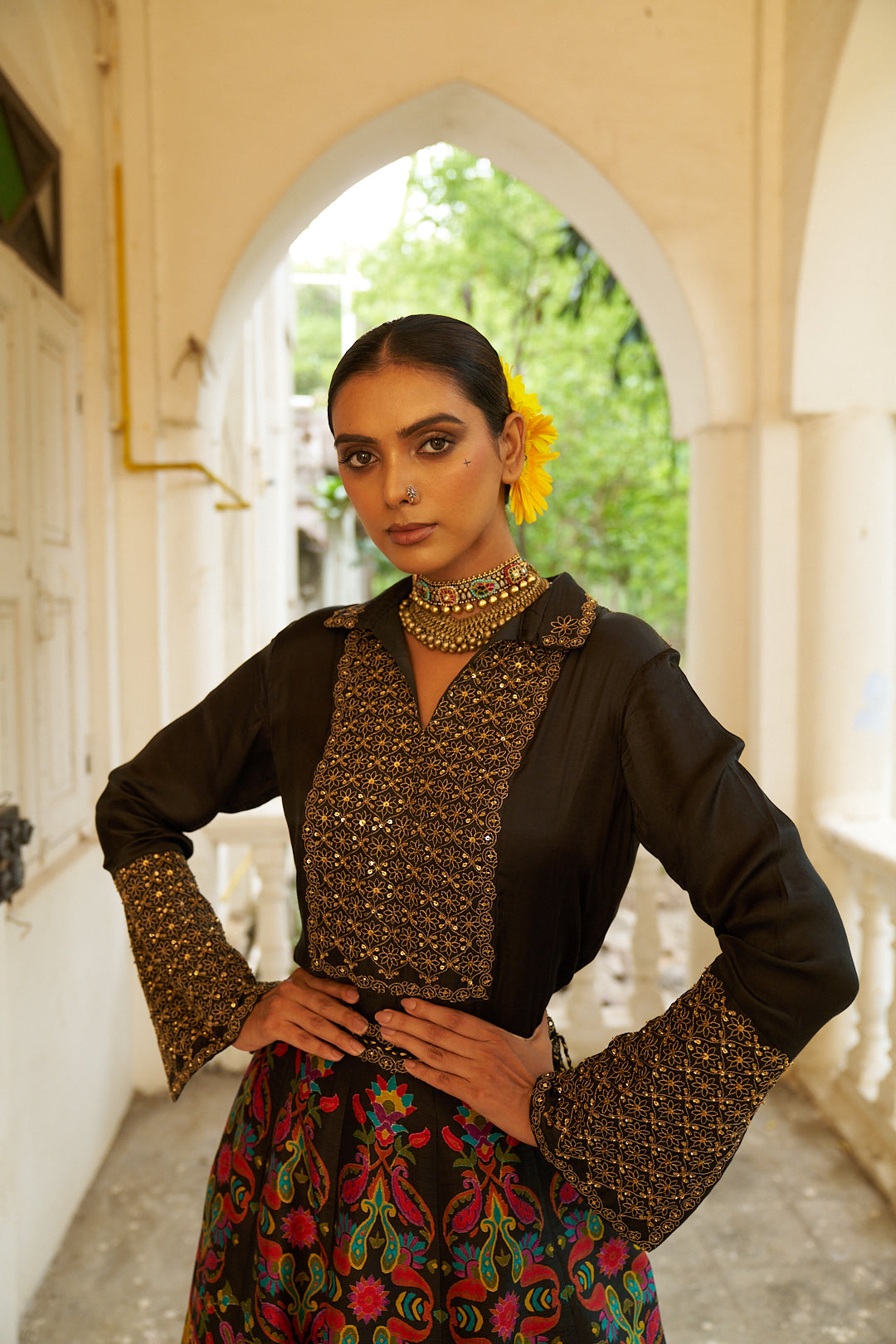 Black Satin Embroidered Shirt with a Multicolour Printed Silk Skirt Set - Mokshaa