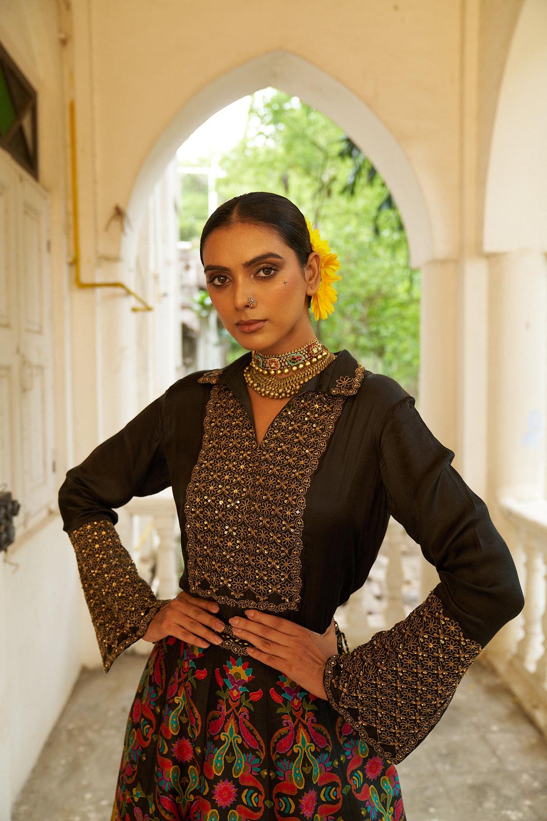 Black Satin Embroidered Shirt with a Multicolour Printed Silk Skirt Set - Mokshaa