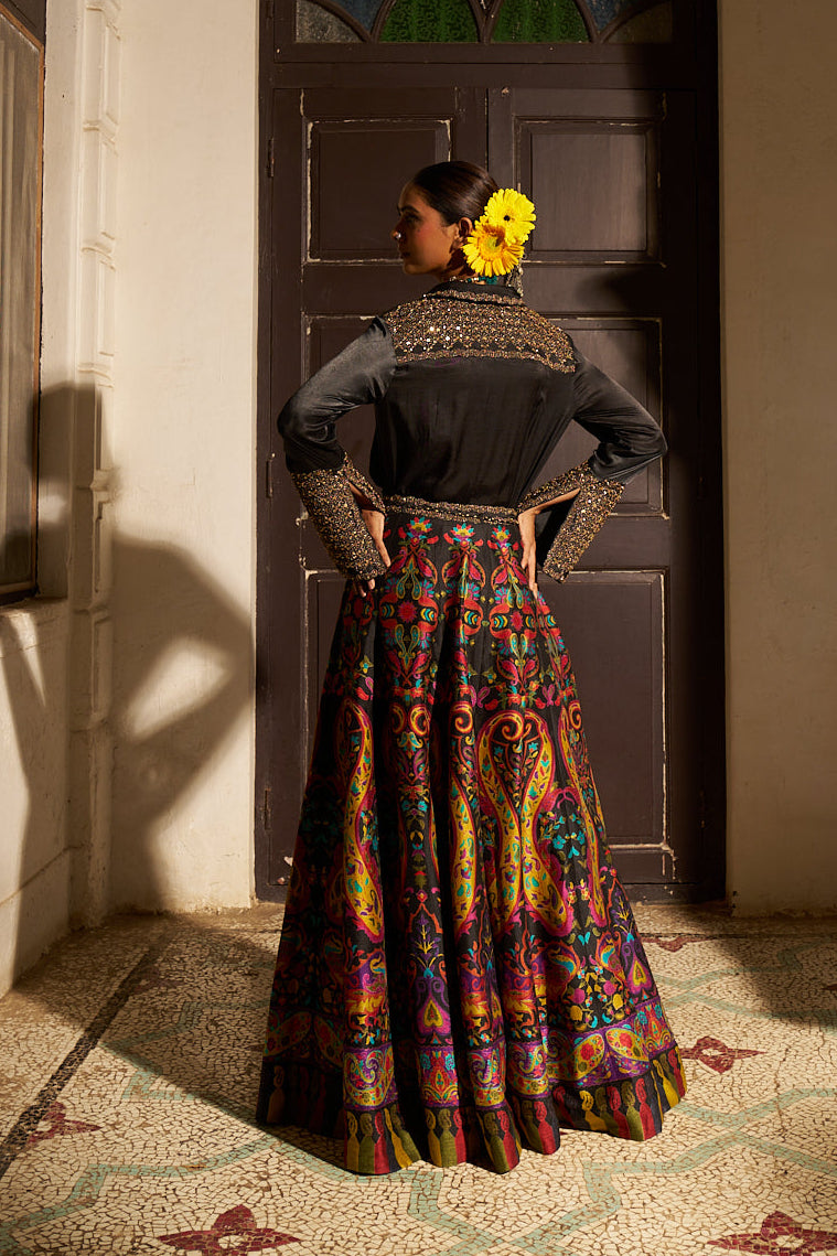 Black Satin Embroidered Shirt with a Multicolour Printed Silk Skirt Set - Mokshaa