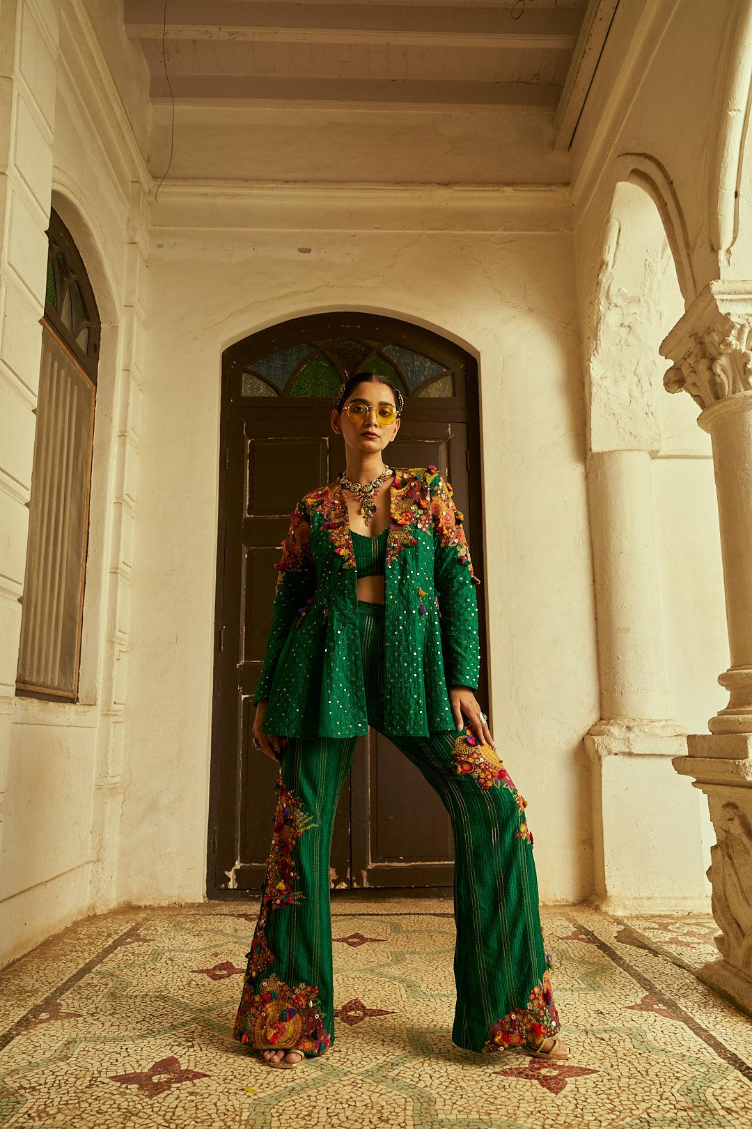 Forest Green Soft Organza Jacket Set with Silk Palazzo Pants - Mokshaa