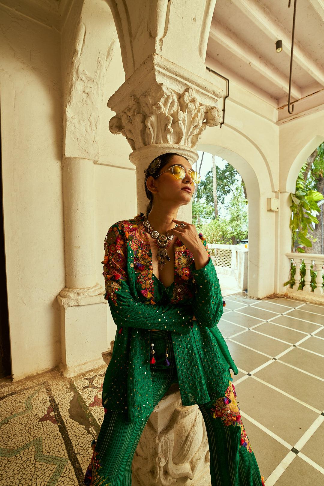Forest Green Soft Organza Jacket Set with Silk Palazzo Pants - Mokshaa