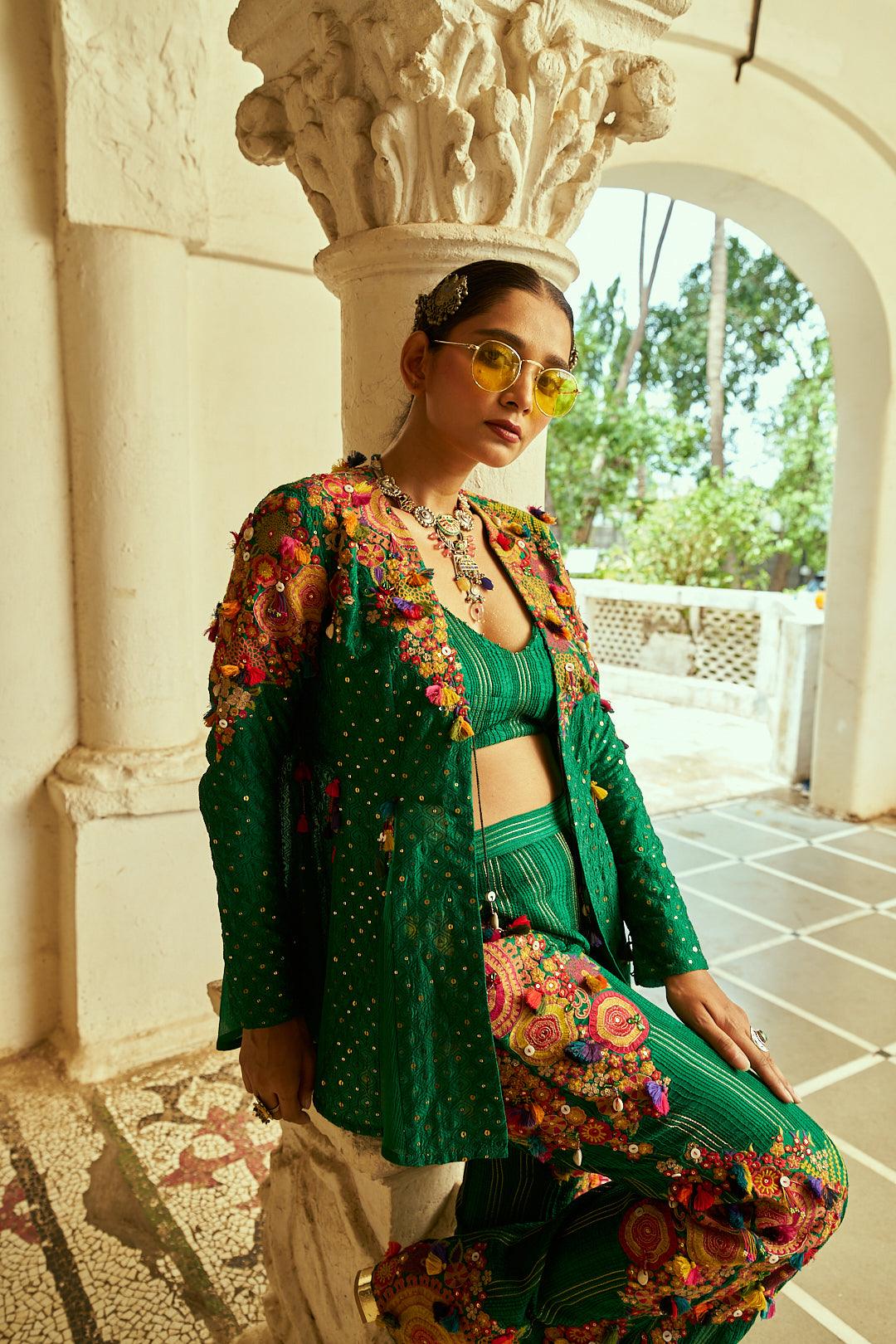 Forest Green Soft Organza Jacket Set with Silk Palazzo Pants - Mokshaa