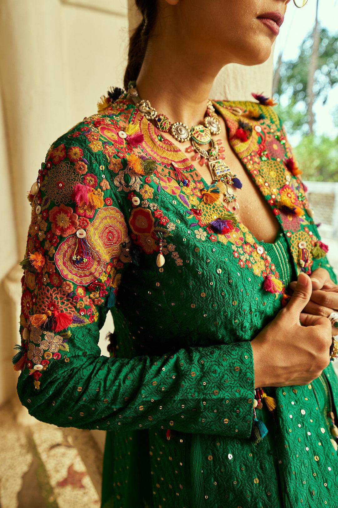 Forest Green Soft Organza Jacket Set with Silk Palazzo Pants - Mokshaa