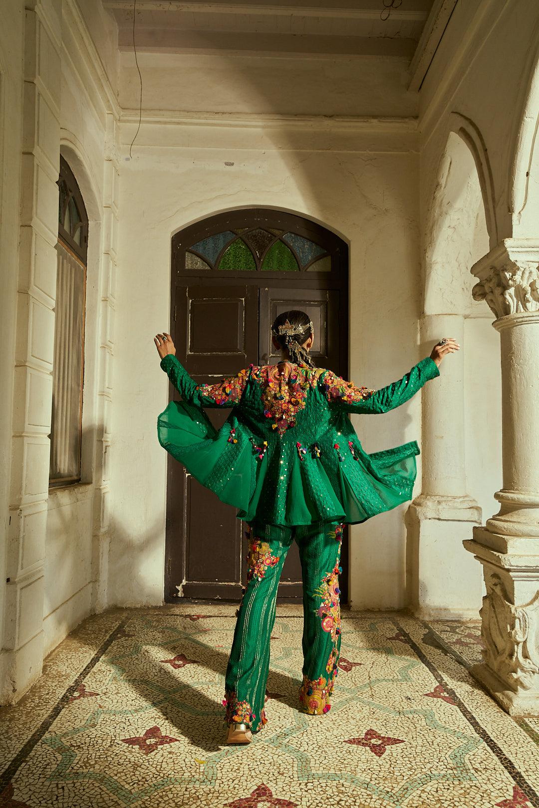 Forest Green Soft Organza Jacket Set with Silk Palazzo Pants - Mokshaa