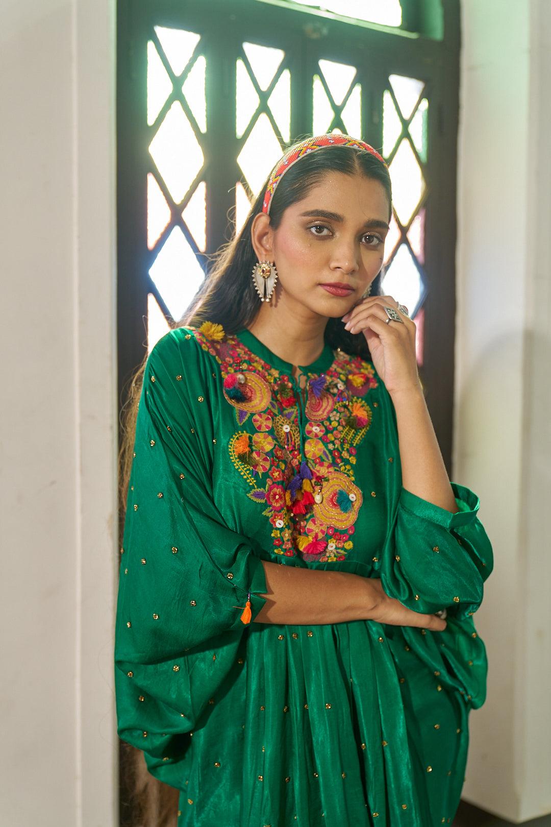 Green Silk Tunic Dress with Thread Embroidery - Mokshaa