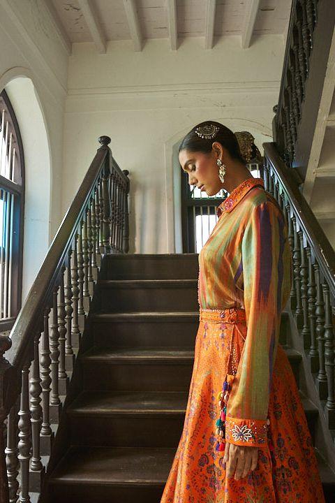 Multicolor Satin Shirt with Printed Silk Skirt - Mokshaa