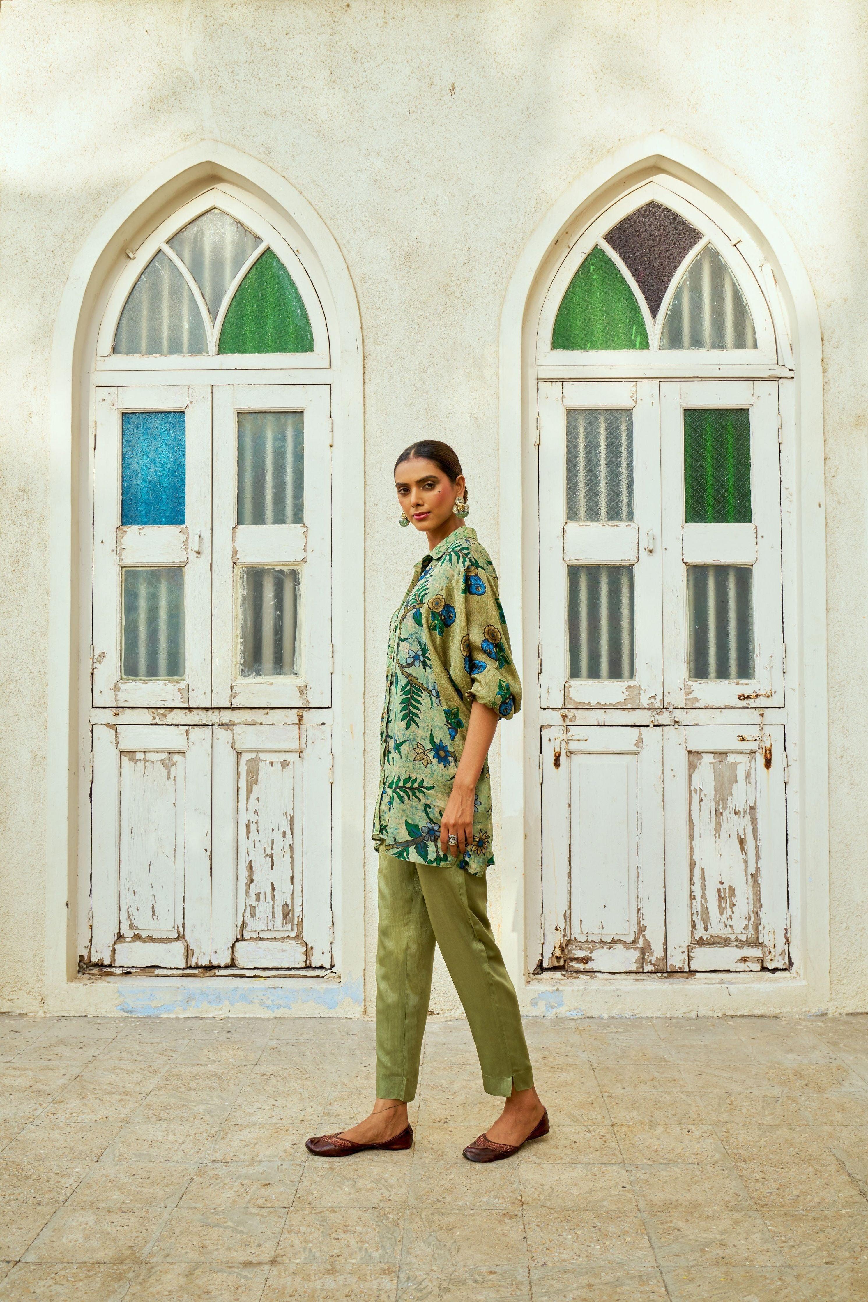 Green Floral Printed Modal Silk Shirt - Mokshaa