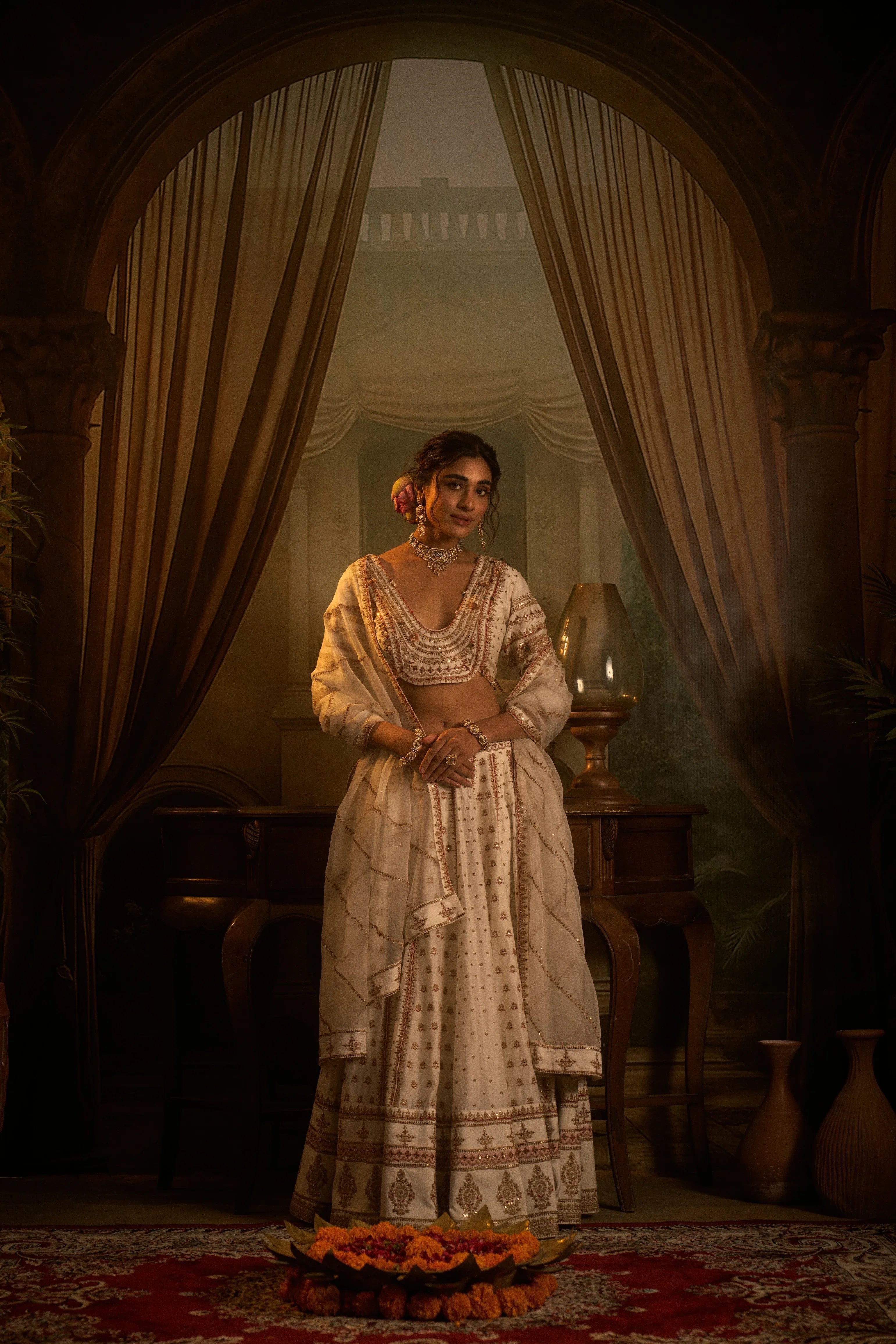 Ivory Silk Embroidered Lehenga Set | Mokshaa