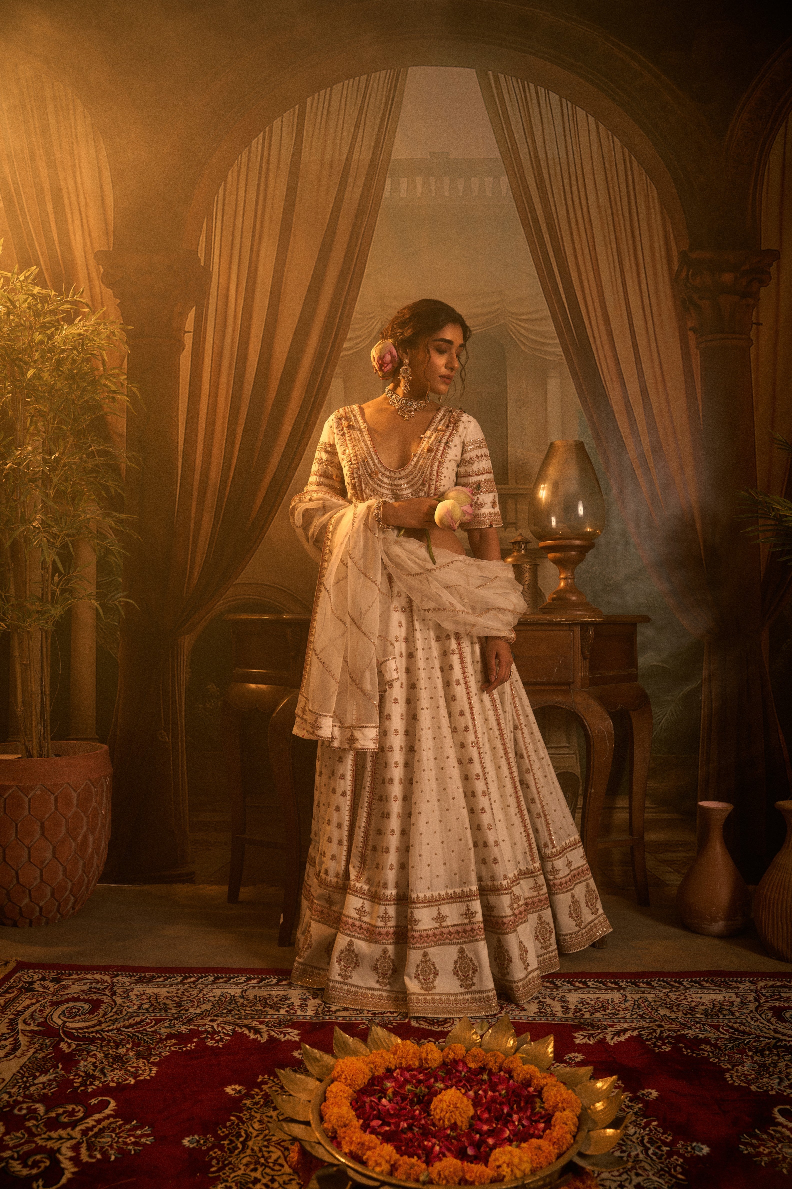 Ivory Silk Embroidered Lehenga Set