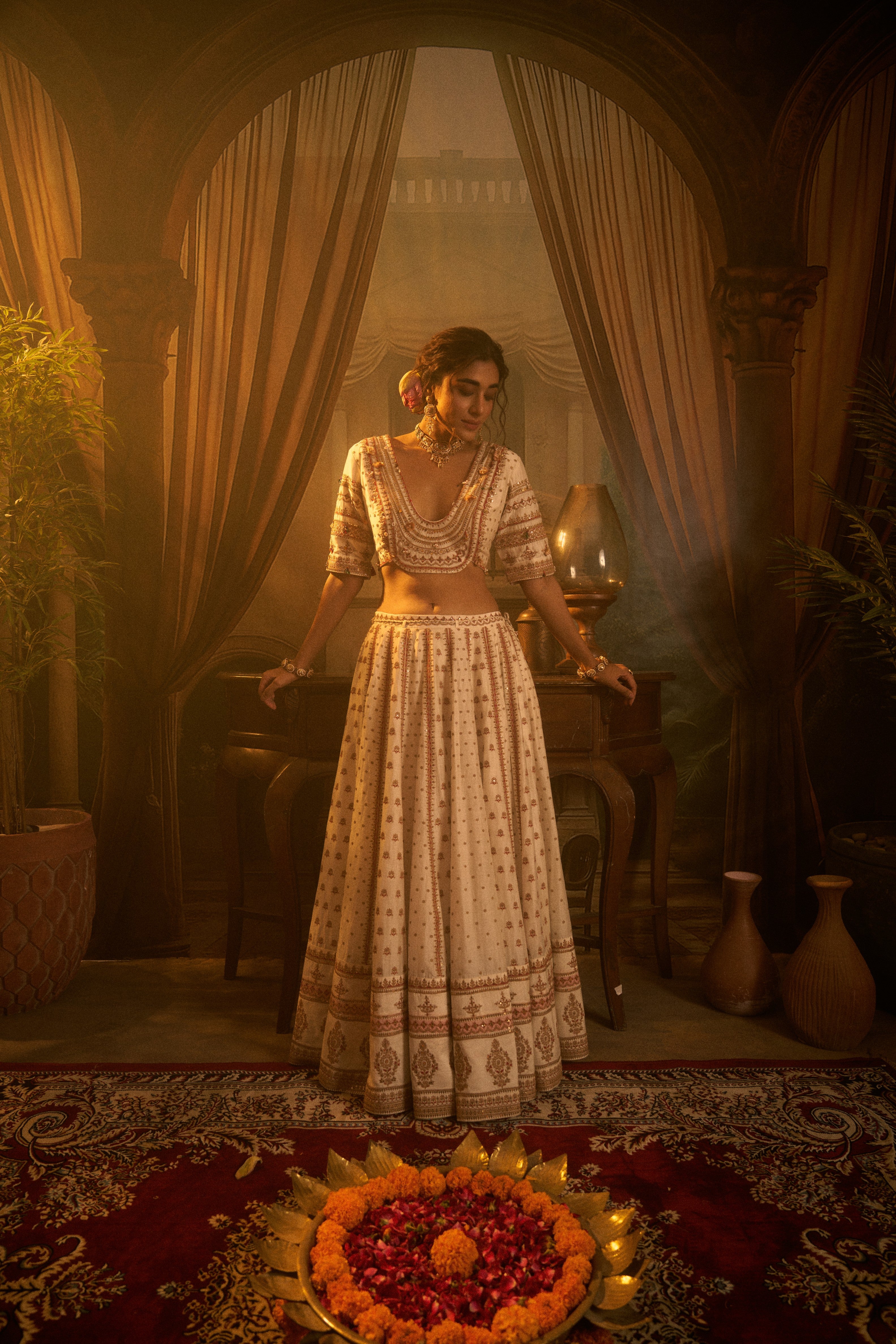 Ivory Silk Embroidered Lehenga Set