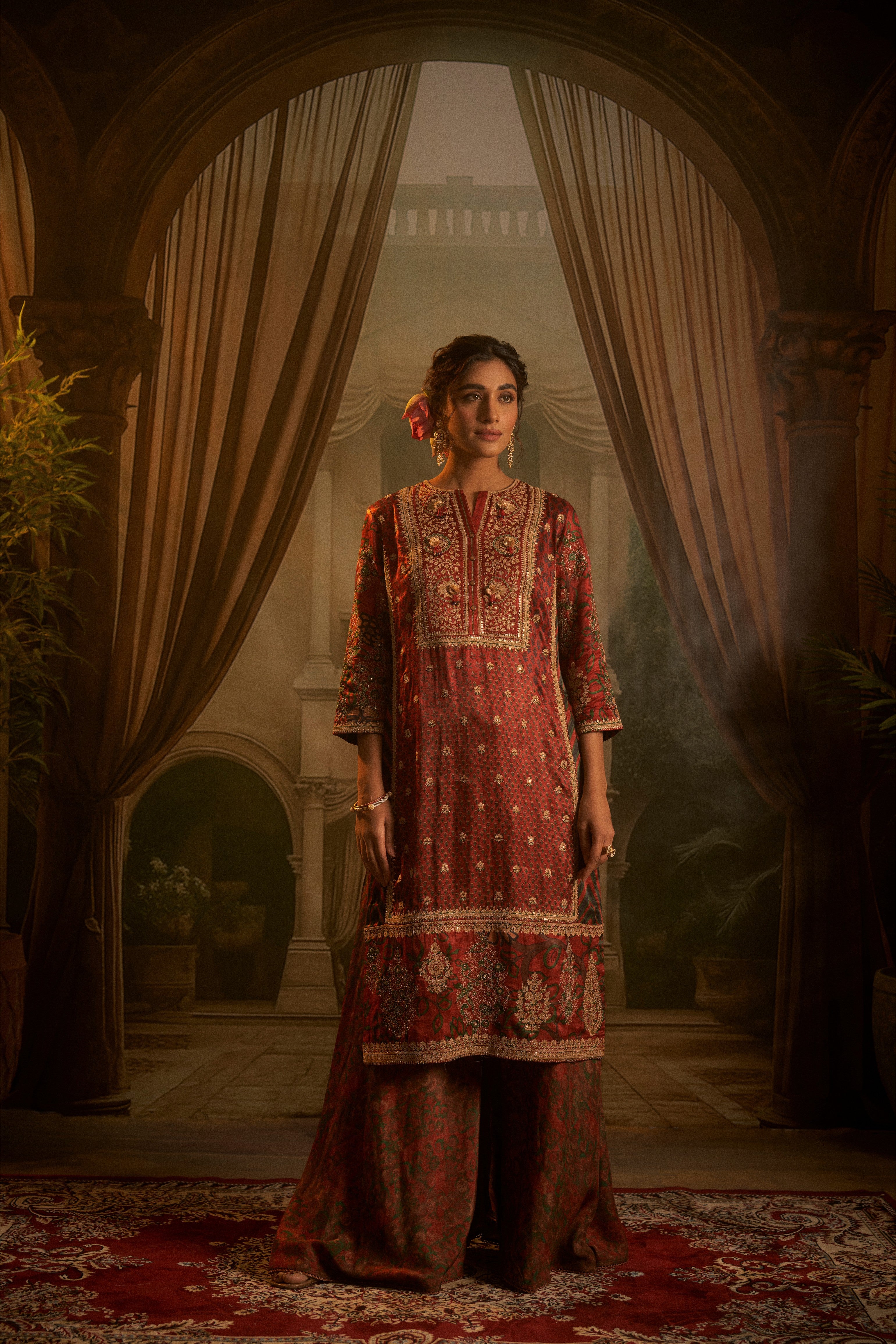 Rust Red Silk Embroidered Kurta Set with Contrasting Green Crushed Dupatta