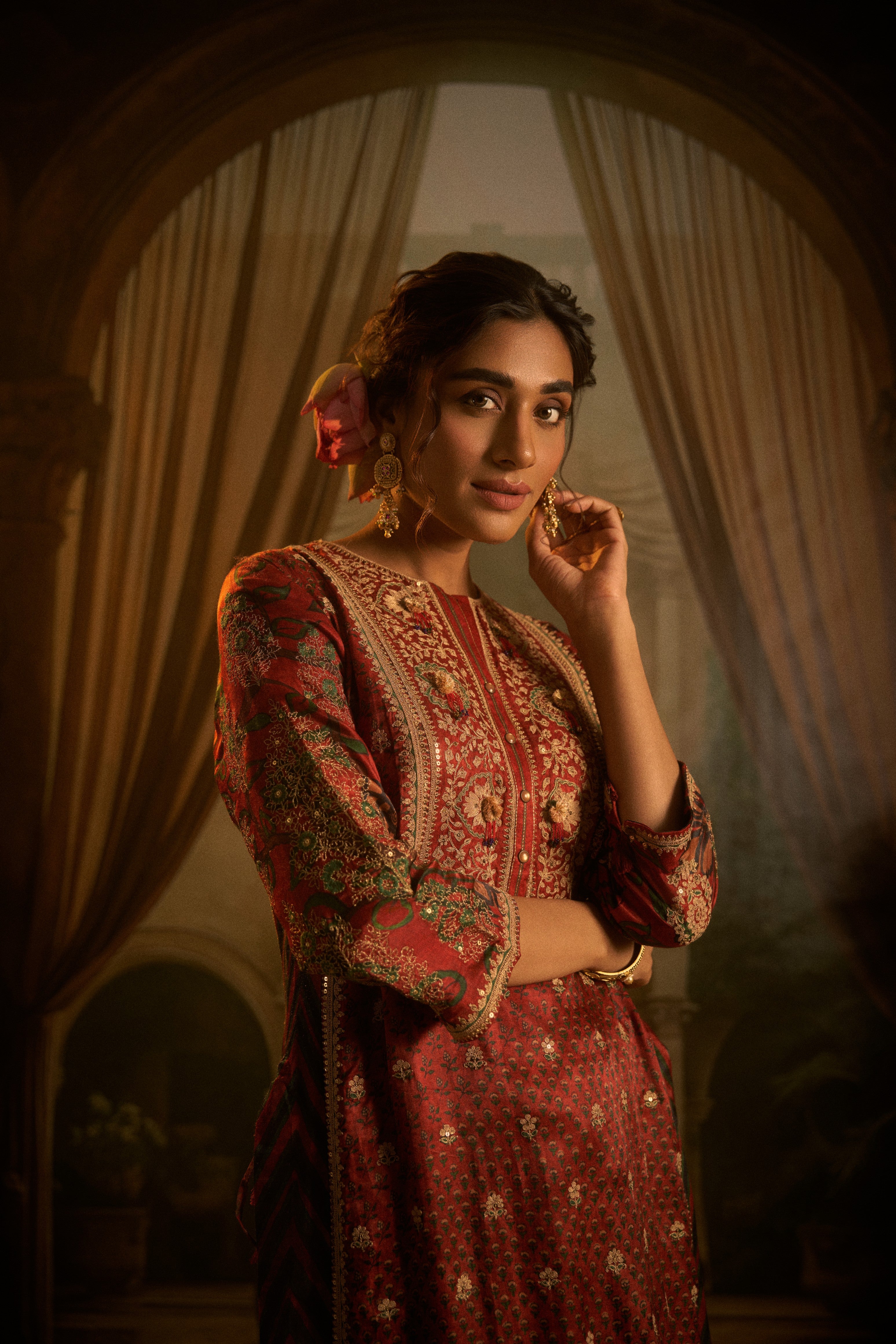 Rust Red Silk Embroidered Kurta Set with Contrasting Green Crushed Dupatta