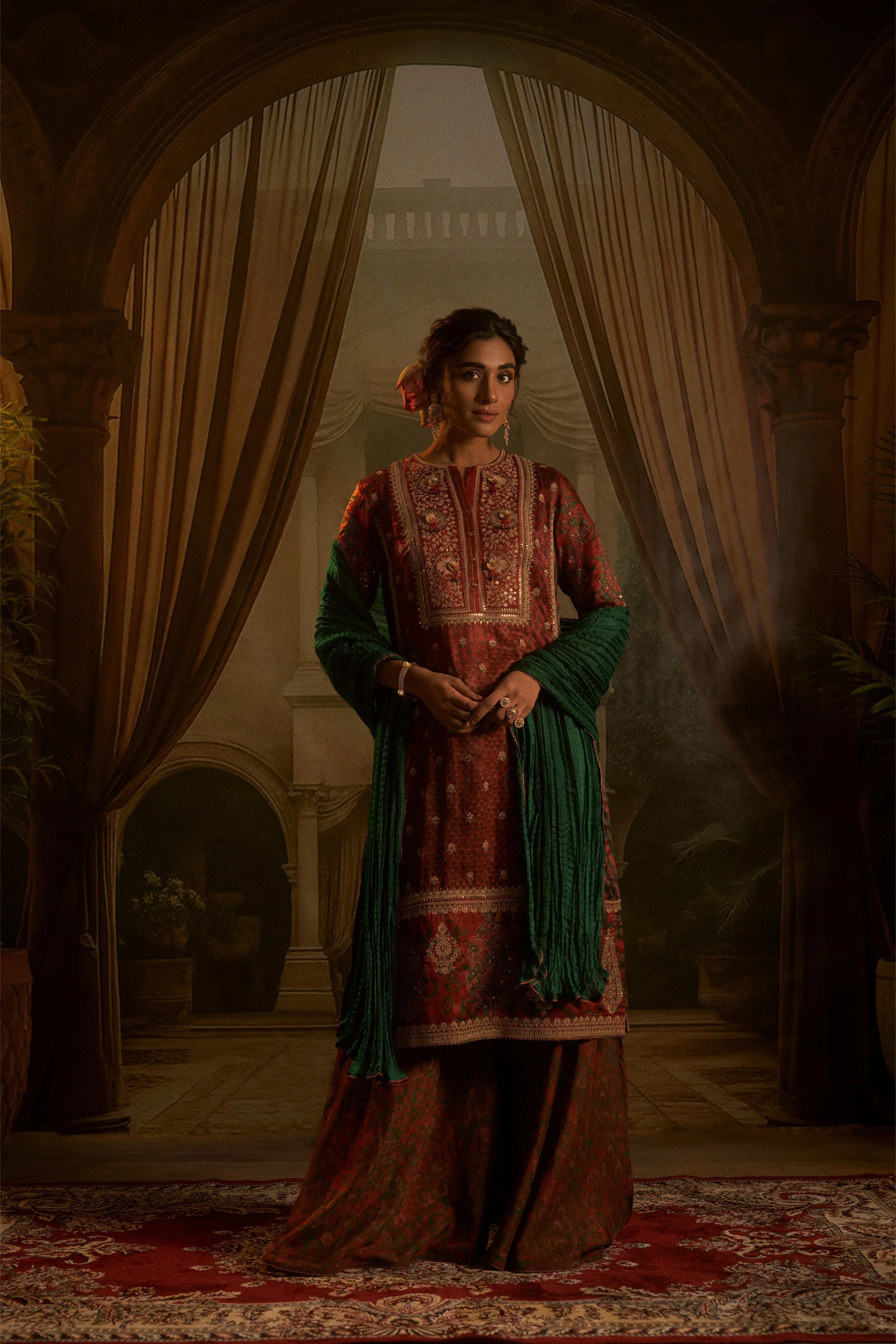 Rust Red Silk Embroidered Kurta Set with Contrasting Green Crushed Dupatta | Mokshaa
