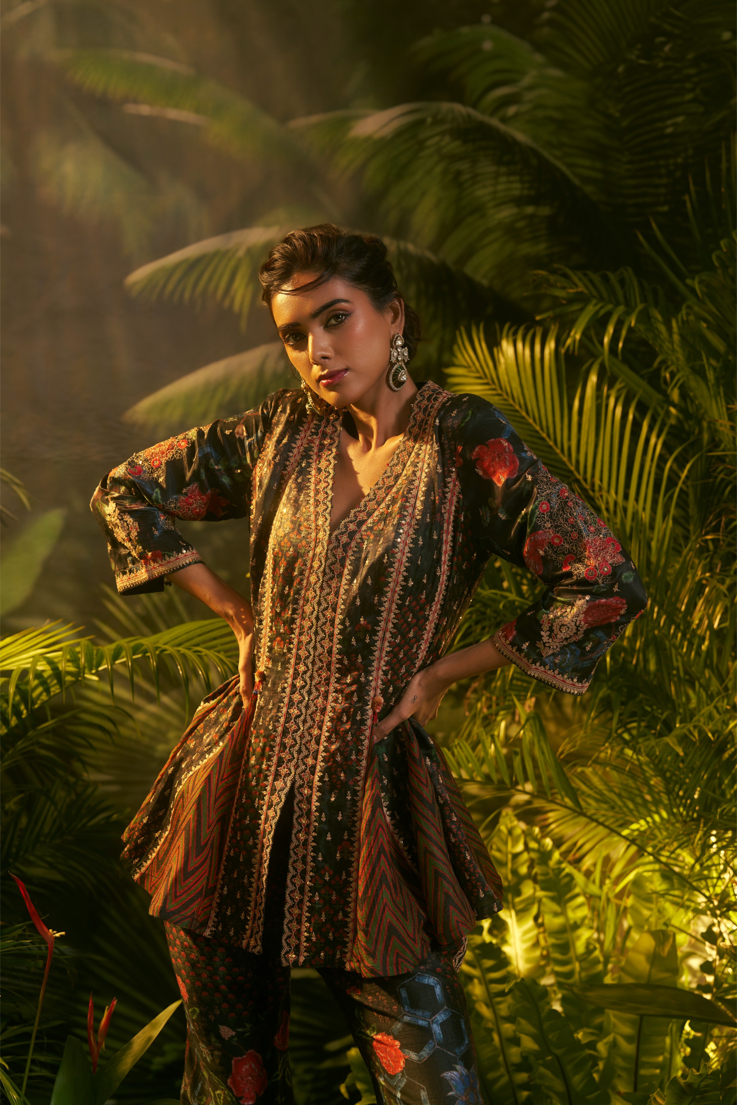 Dark Green Multicolour Peplum Co-ord Set