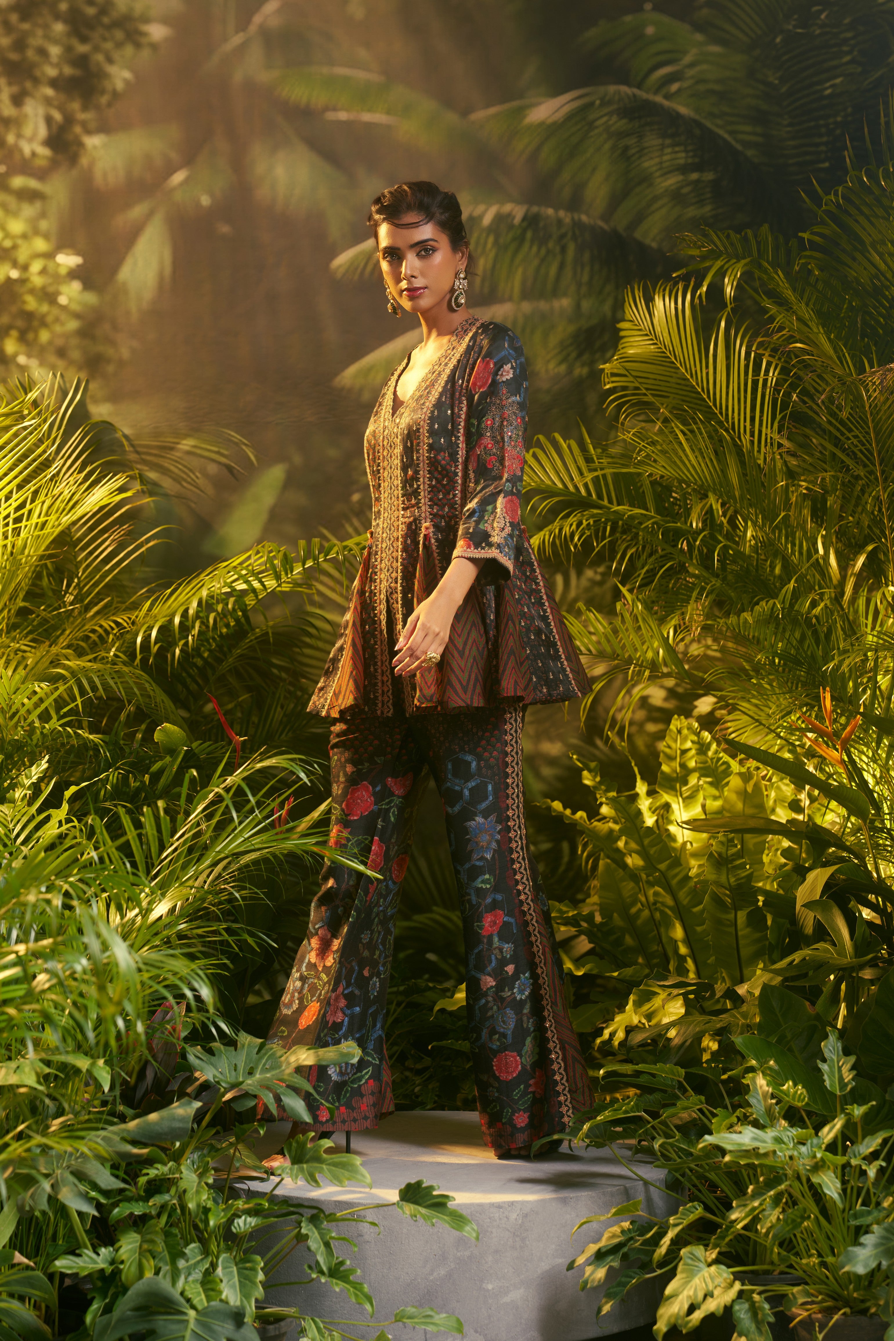 Dark Green Multicolour Peplum Co-ord Set