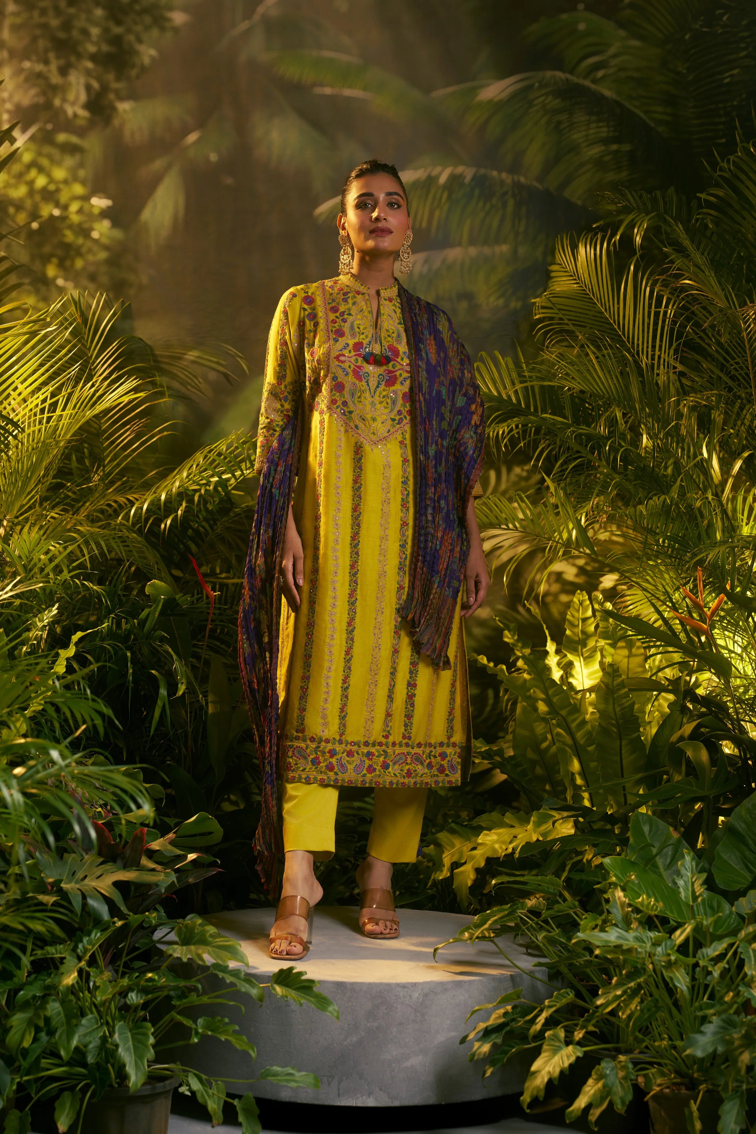 Yellow Silk Kashmiri Embroidered Kurta Set | Mokshaa