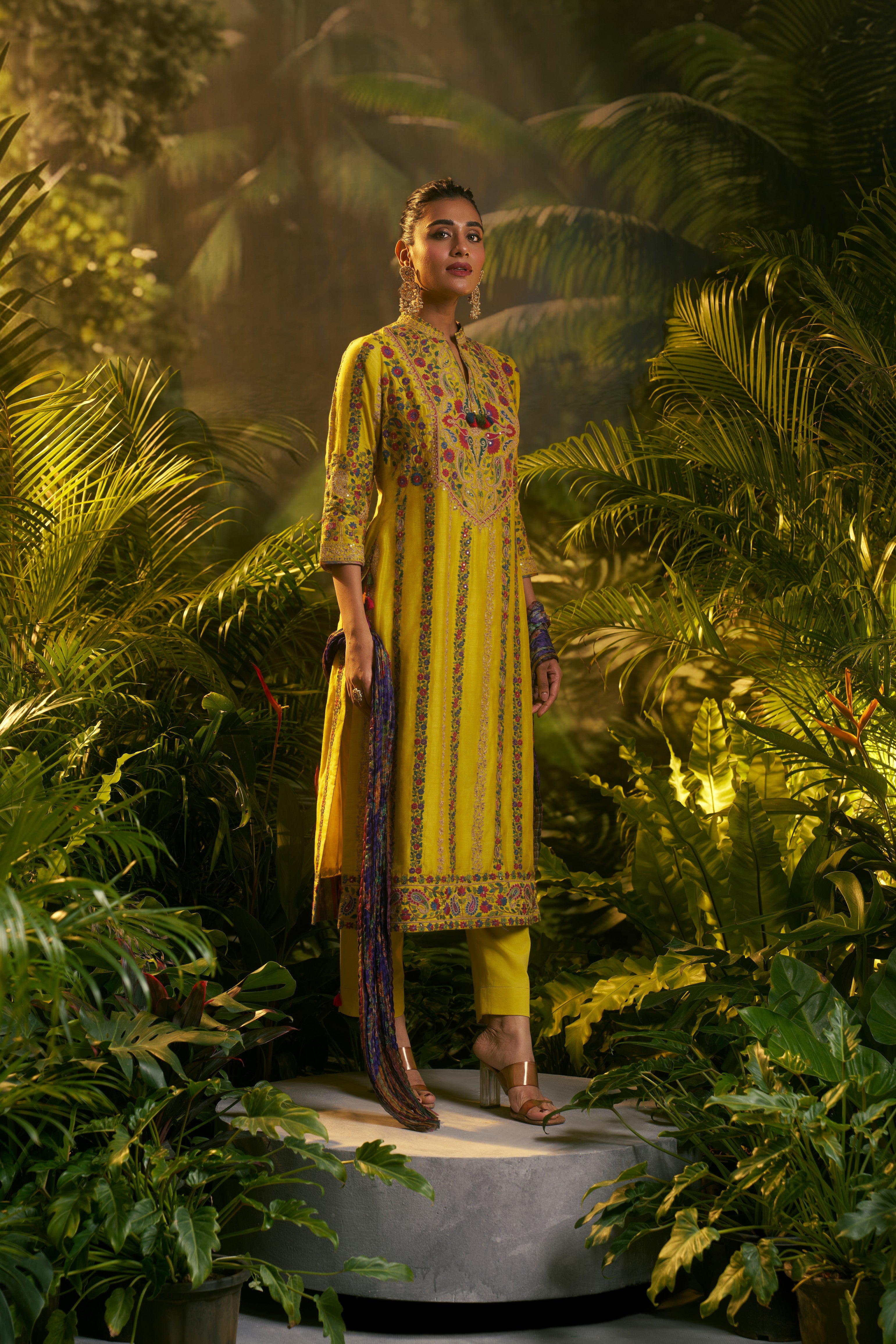 Yellow Silk Kashmiri Embroidered Kurta Set
