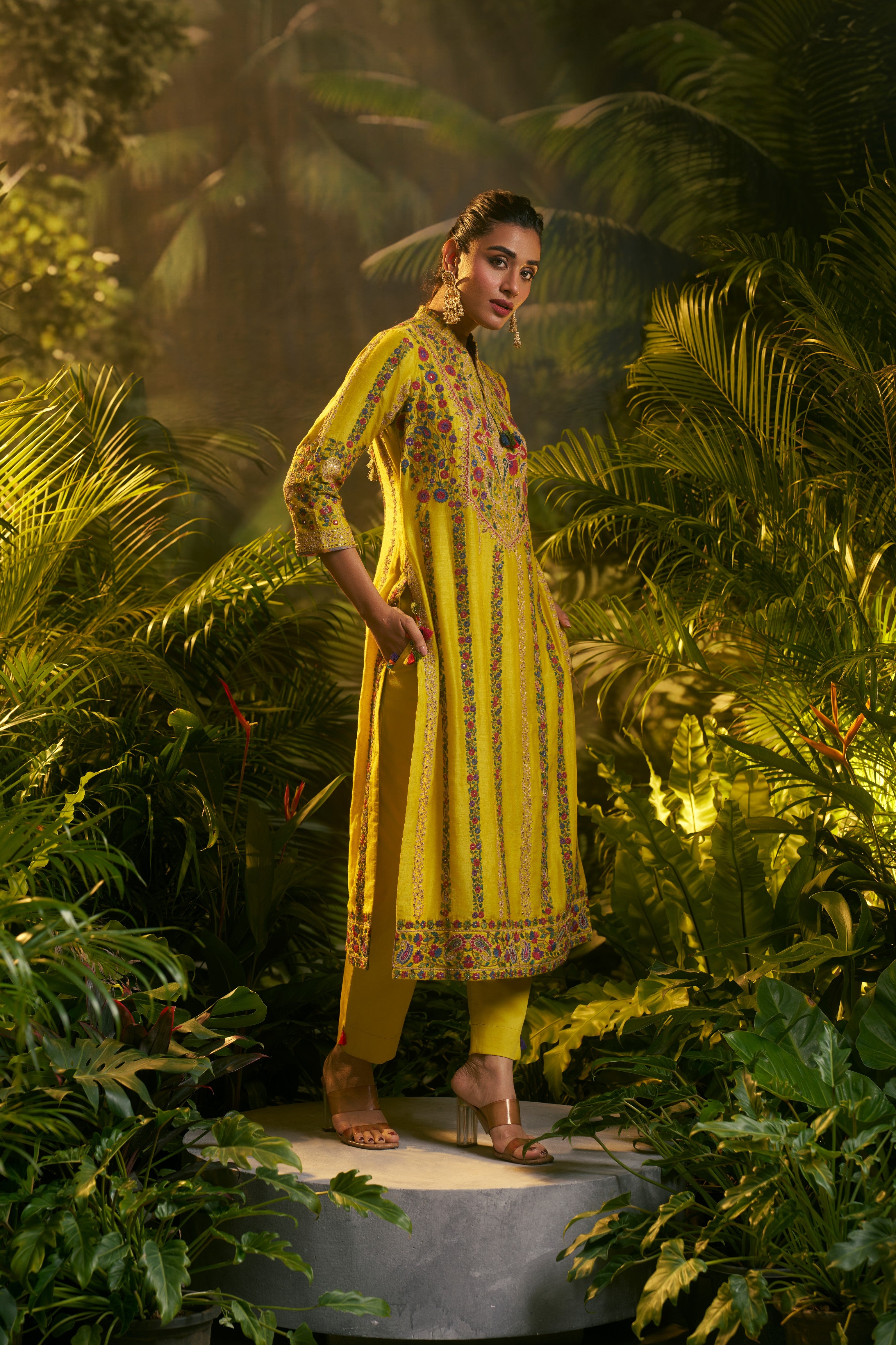 Yellow Silk Kashmiri Embroidered Kurta Set