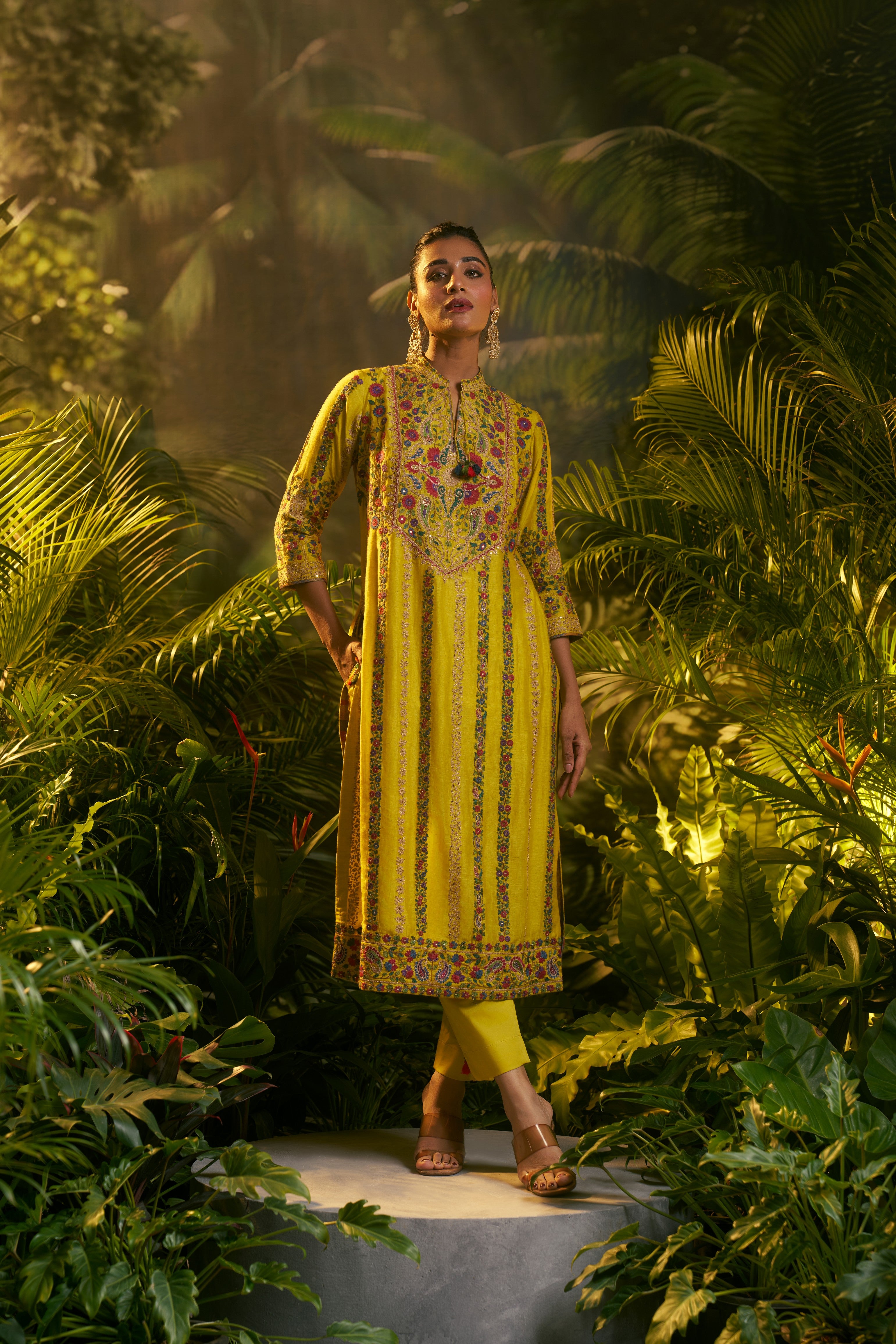 Yellow Silk Kashmiri Embroidered Kurta Set