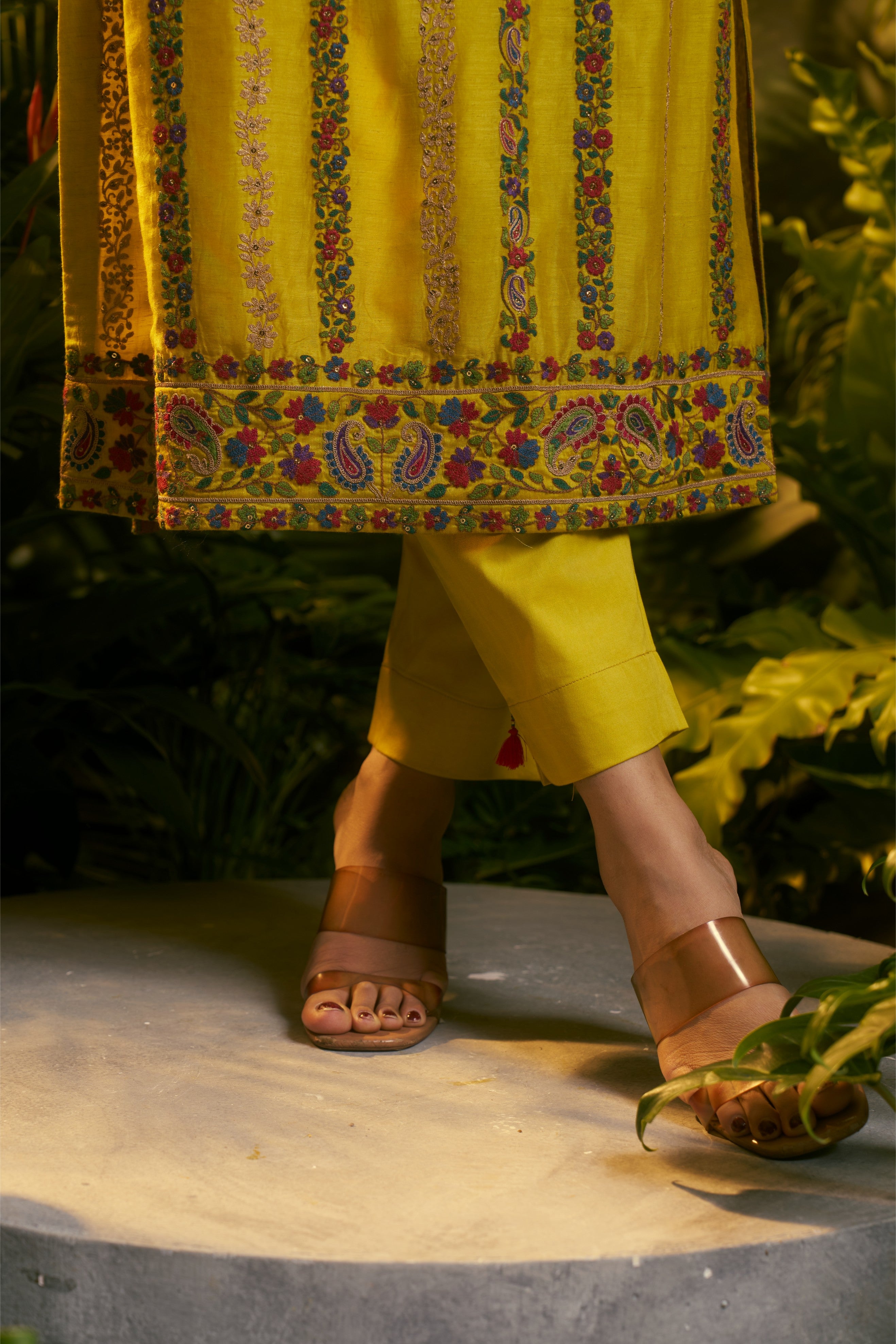 Yellow Silk Kashmiri Embroidered Kurta Set