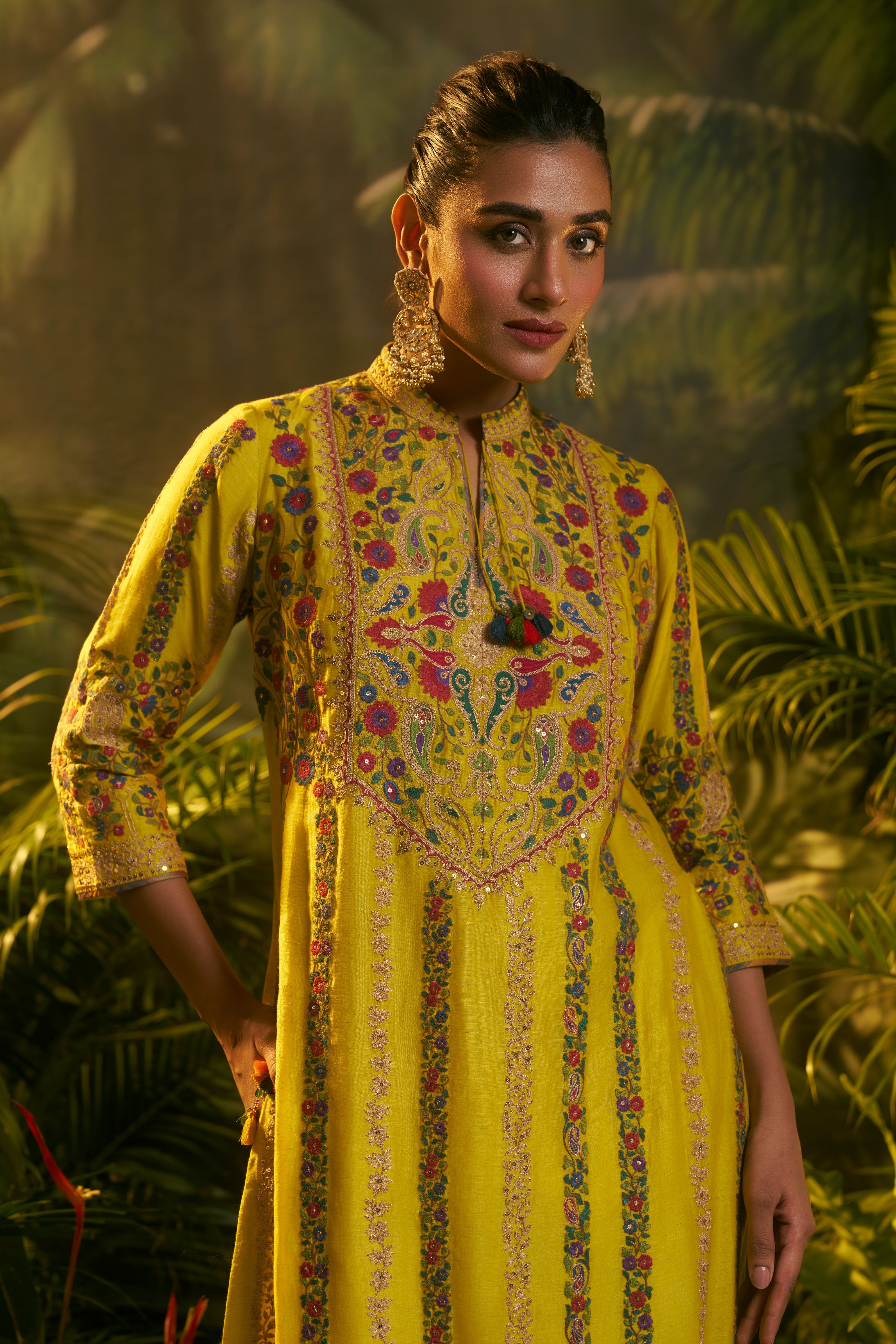 Yellow Silk Kashmiri Embroidered Kurta Set