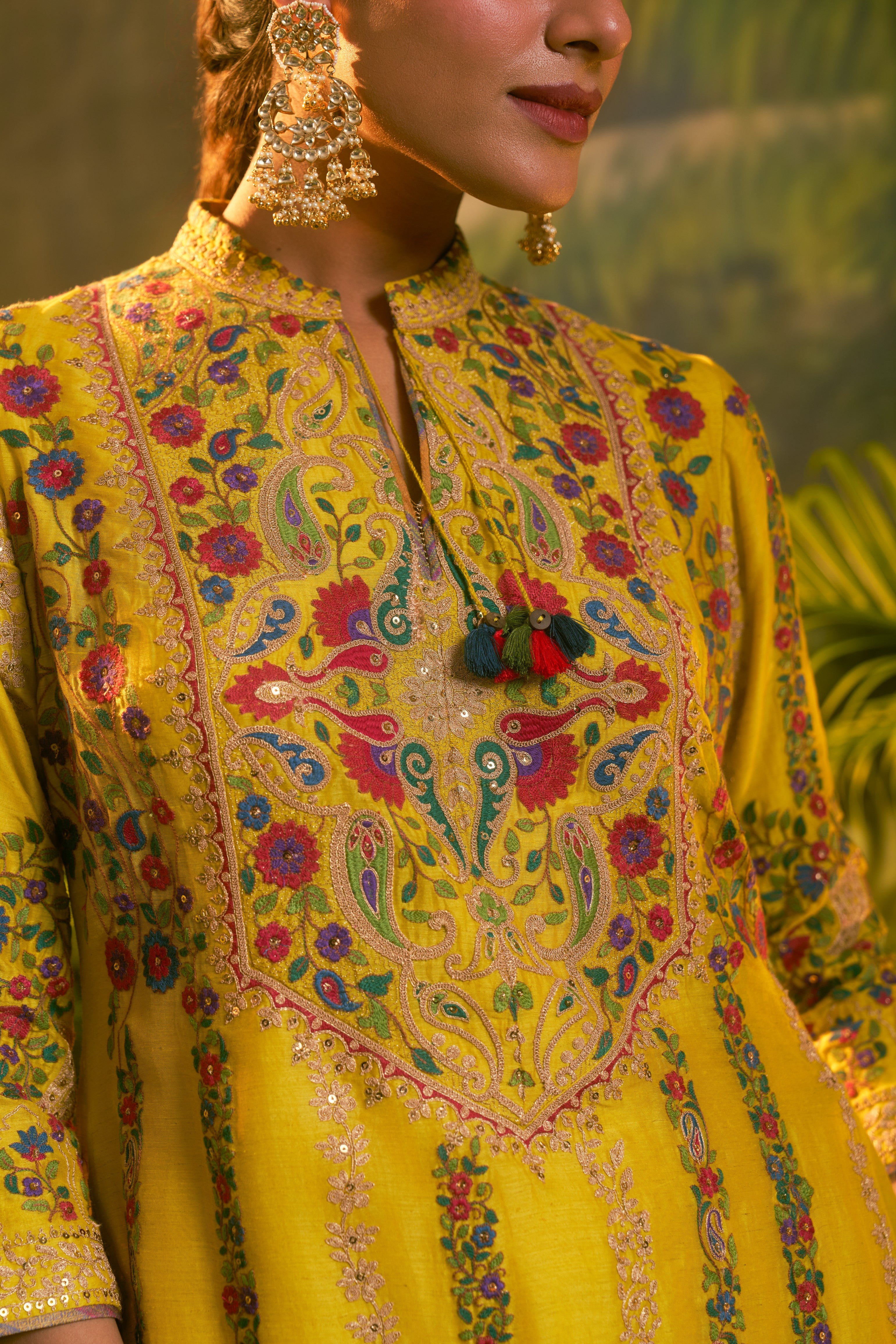 Yellow Silk Kashmiri Embroidered Kurta Set