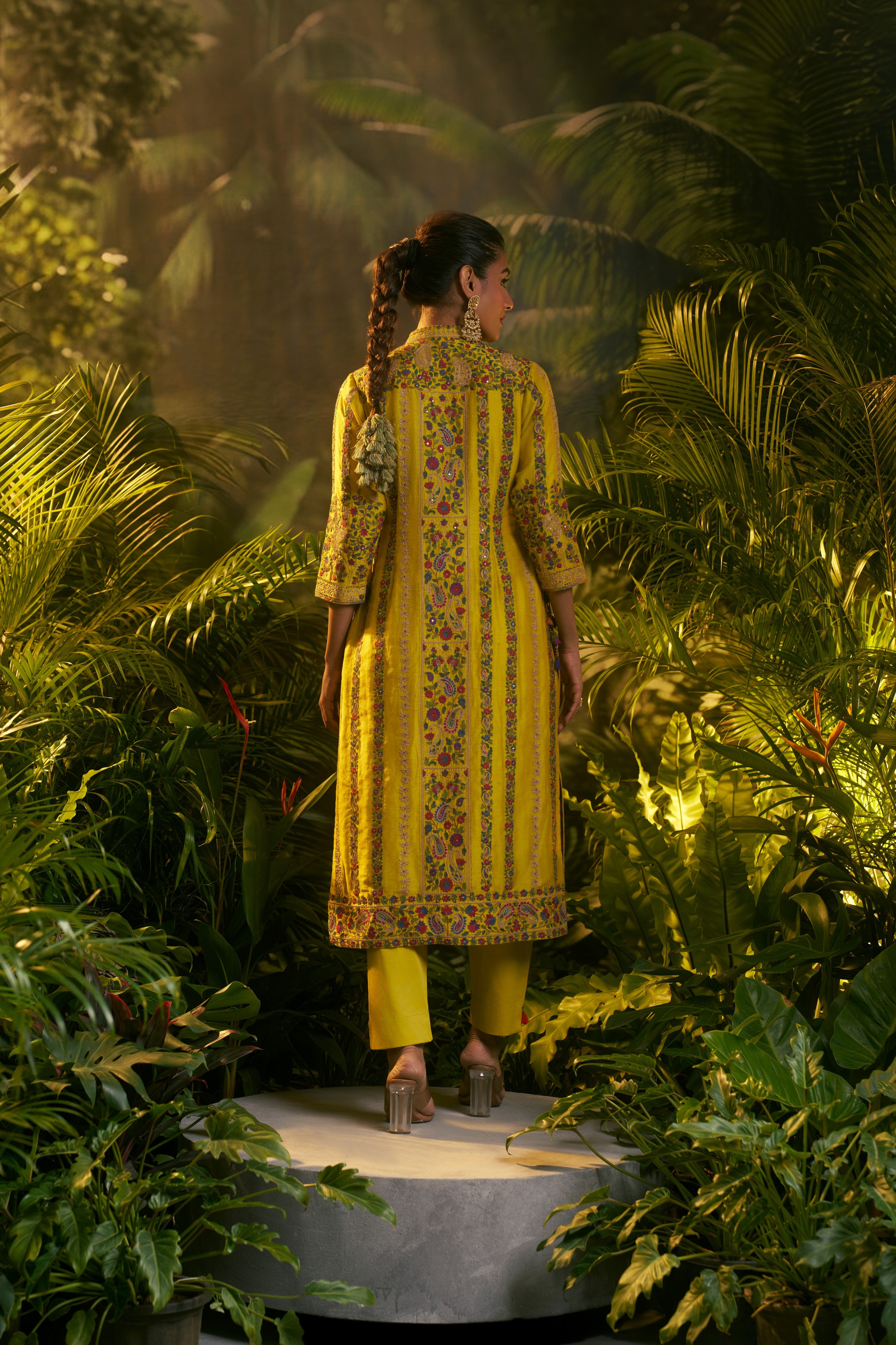 Yellow Silk Kashmiri Embroidered Kurta Set
