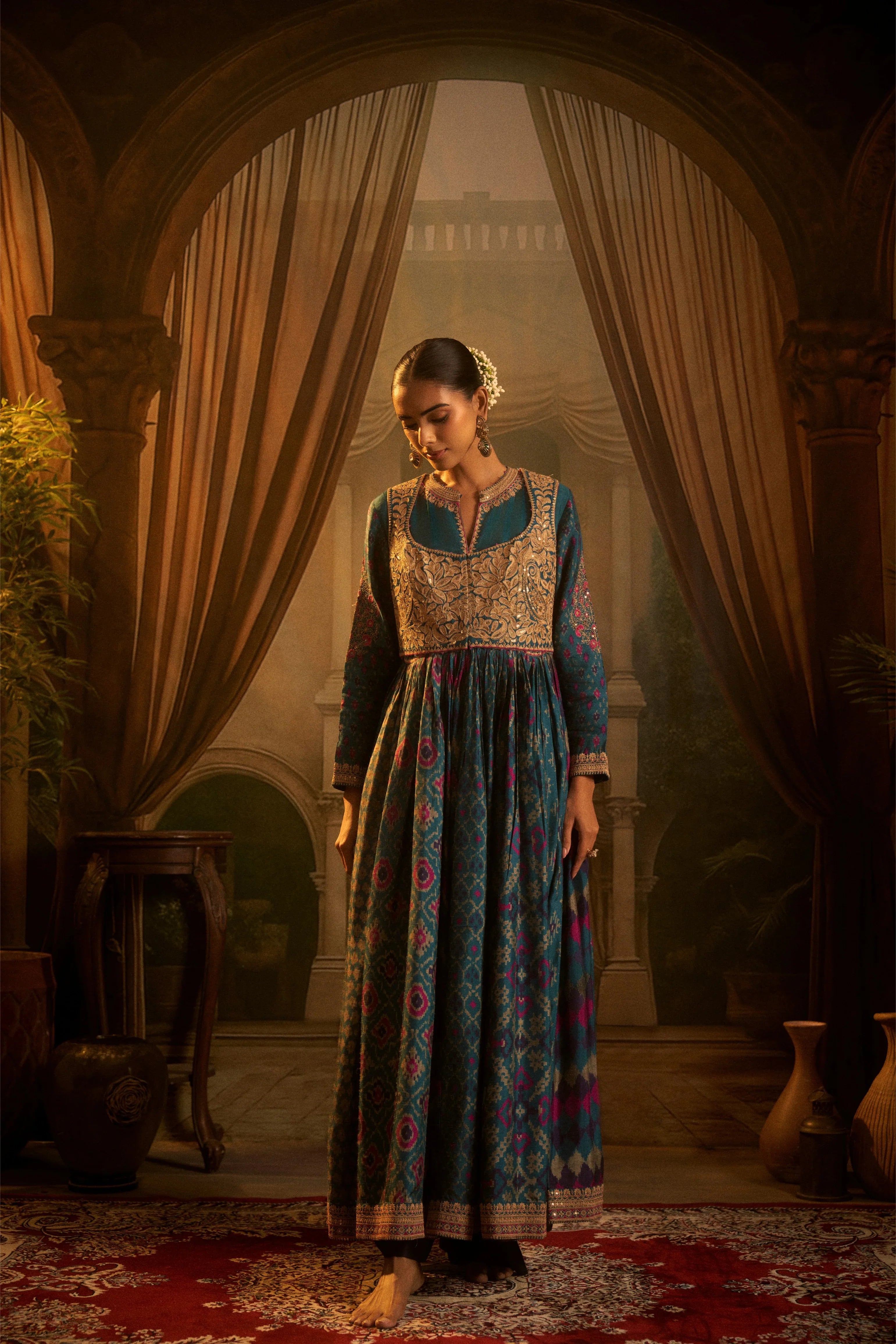 Teal Ikat Printed Anarkali Set with Zari Bodice | Mokshaa