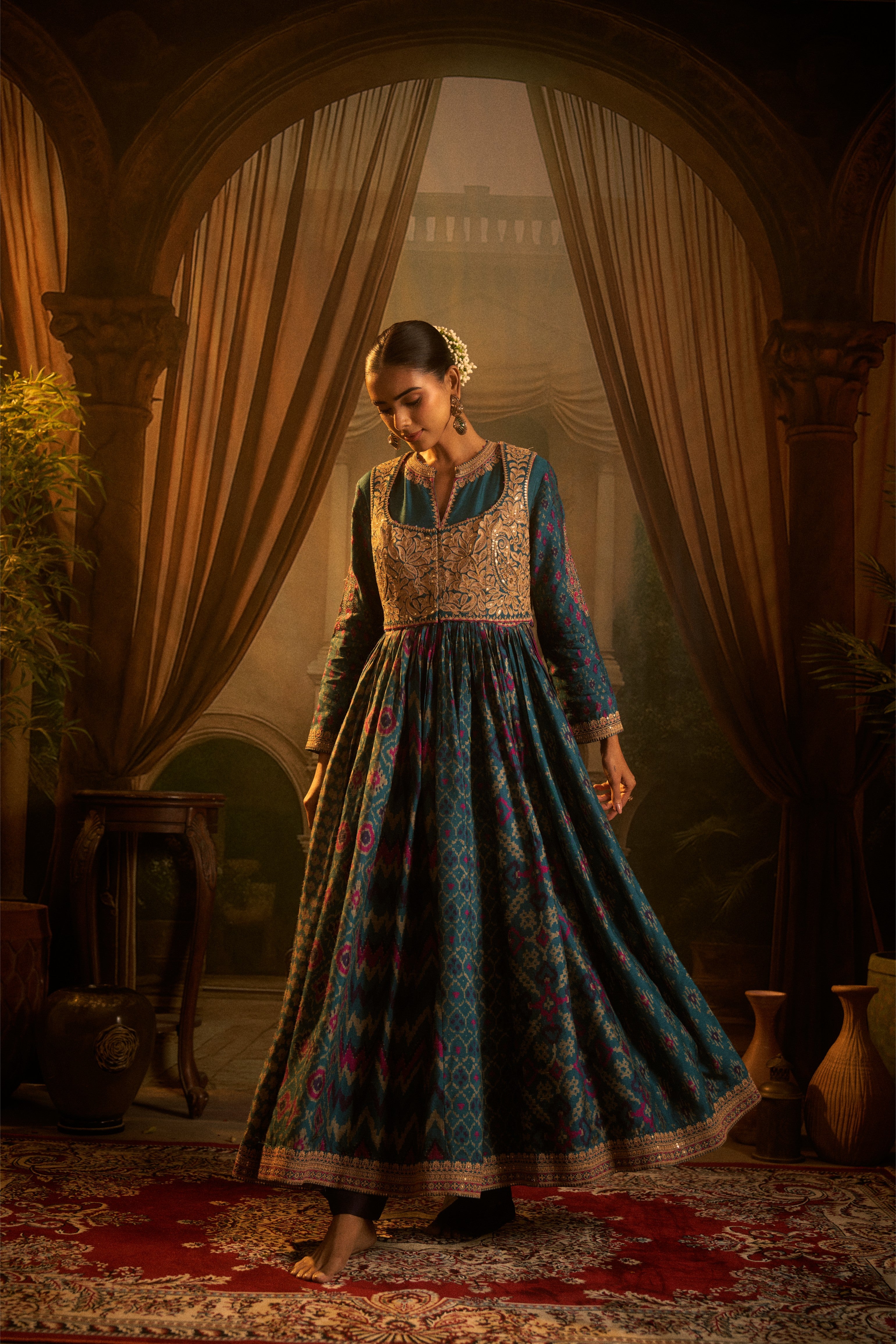 Teal Ikat Printed Anarkali Set with Zari Bodice